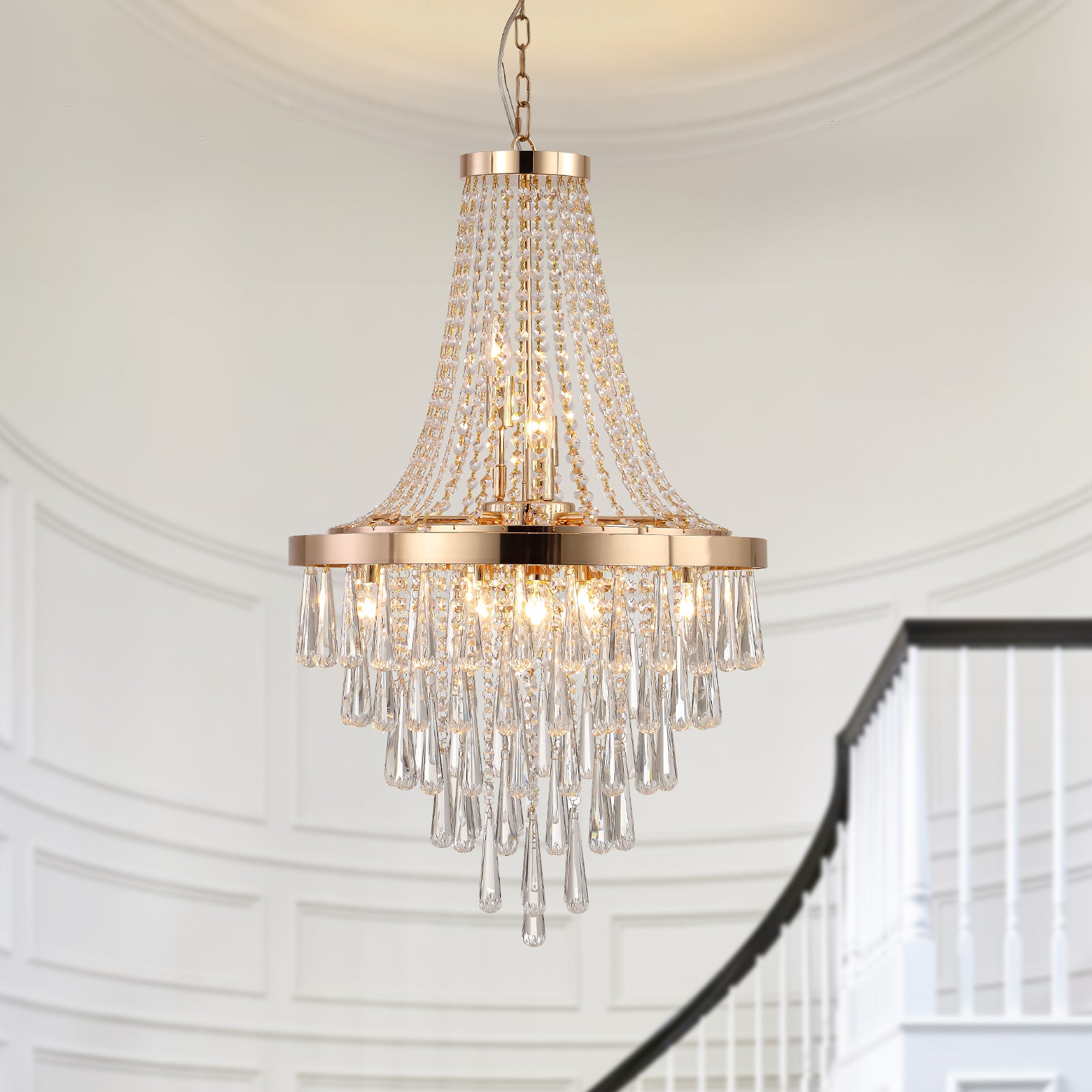 20" Modern Crystal Pendant Chandelier with Golden Finish – Elegant 11-Light Hanging Light Fixture Tiered Design for Dining Room, Living Room, or Entryway (No Bulbs)