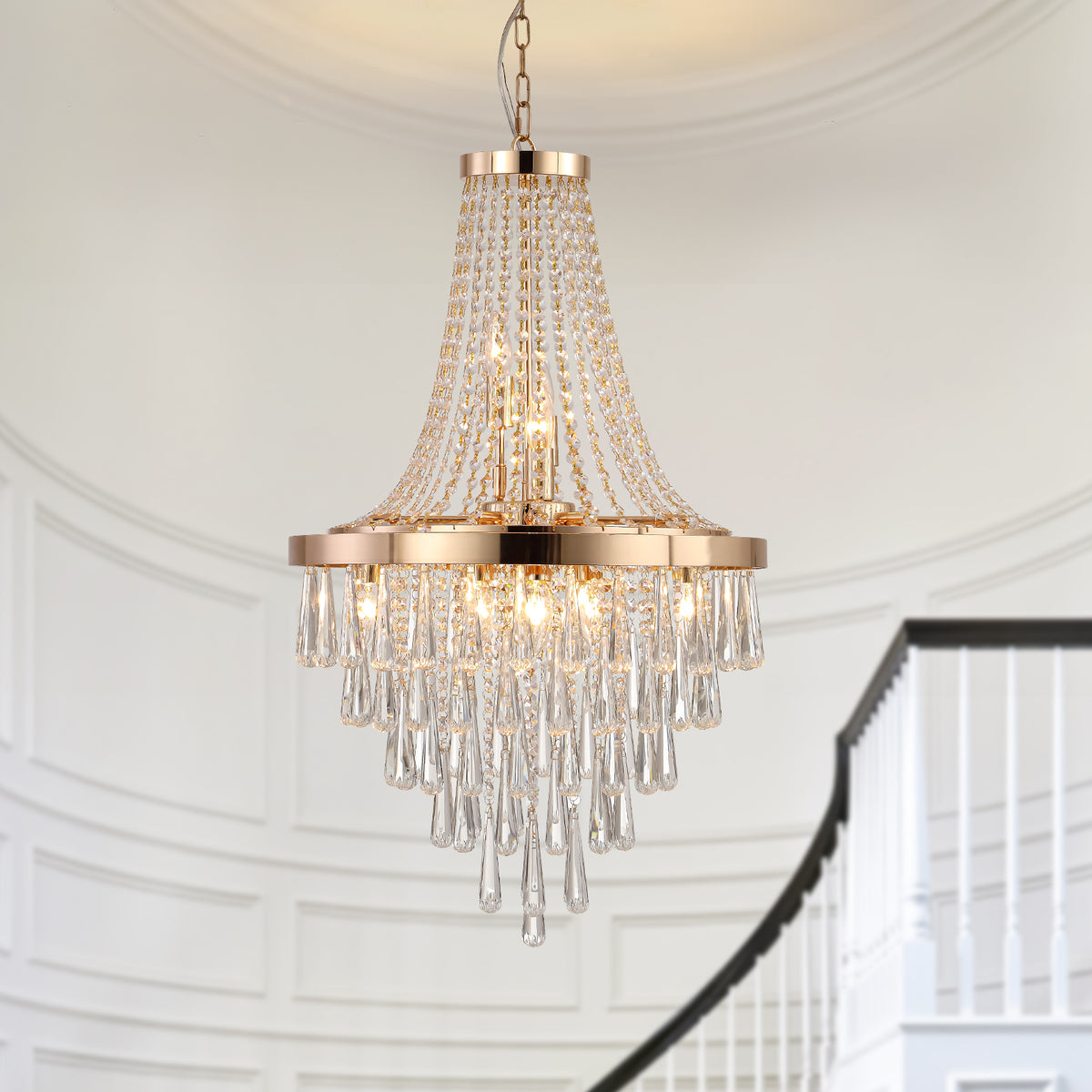 20" Modern Crystal Pendant Chandelier with Golden Finish – Elegant 11-Light Hanging Light Fixture Tiered Design for Dining Room, Living Room, or Entryway (No Bulbs)
