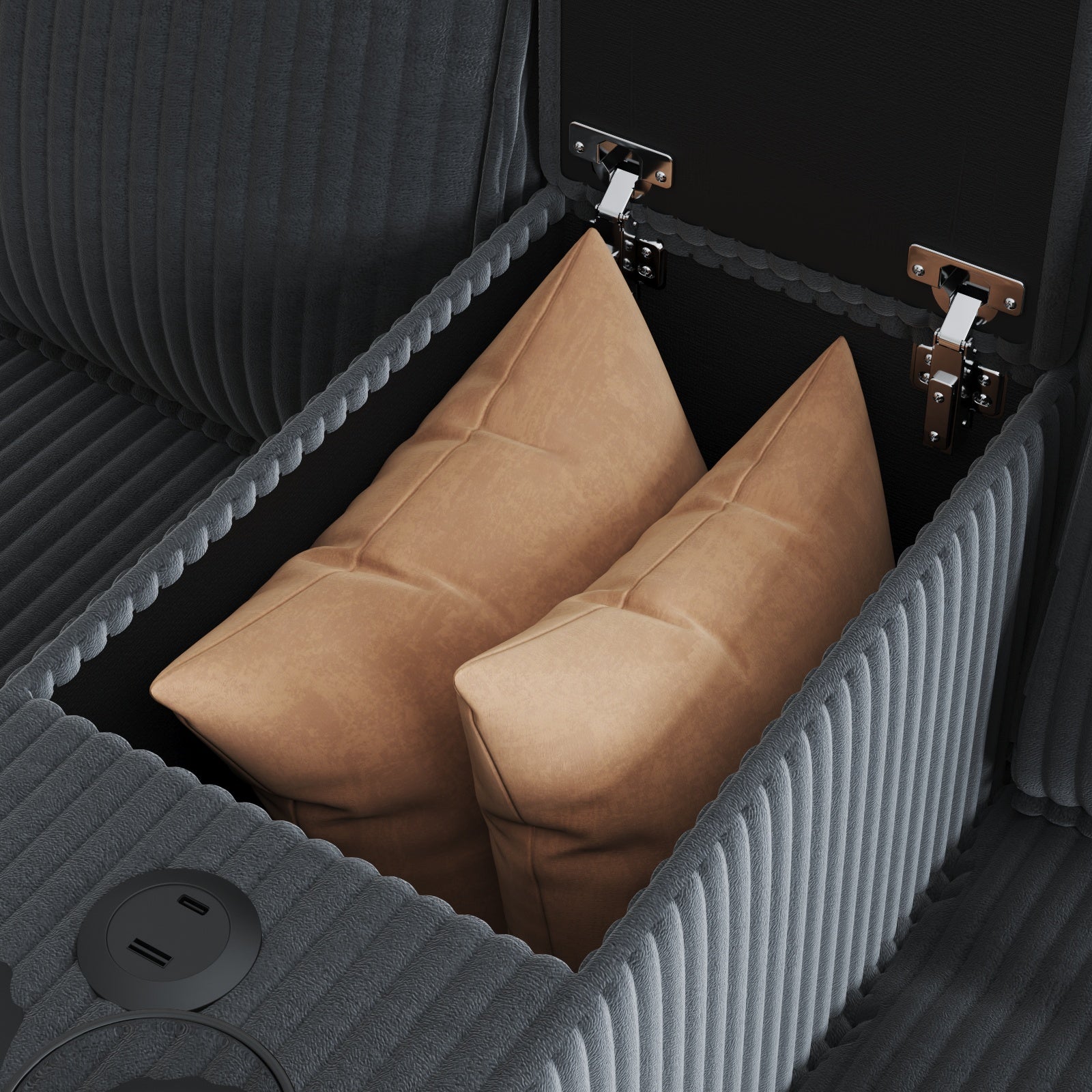 L-shaped 6-seater 133.4''*94.4'' corduroy sofa, large storage armrests with center console, USB charging, left and right seats can be switched, 3 packages of 130