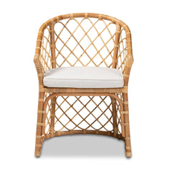 Modern Bohemian White Fabric Upholstered and Natural Brown Rattan Dining Chair