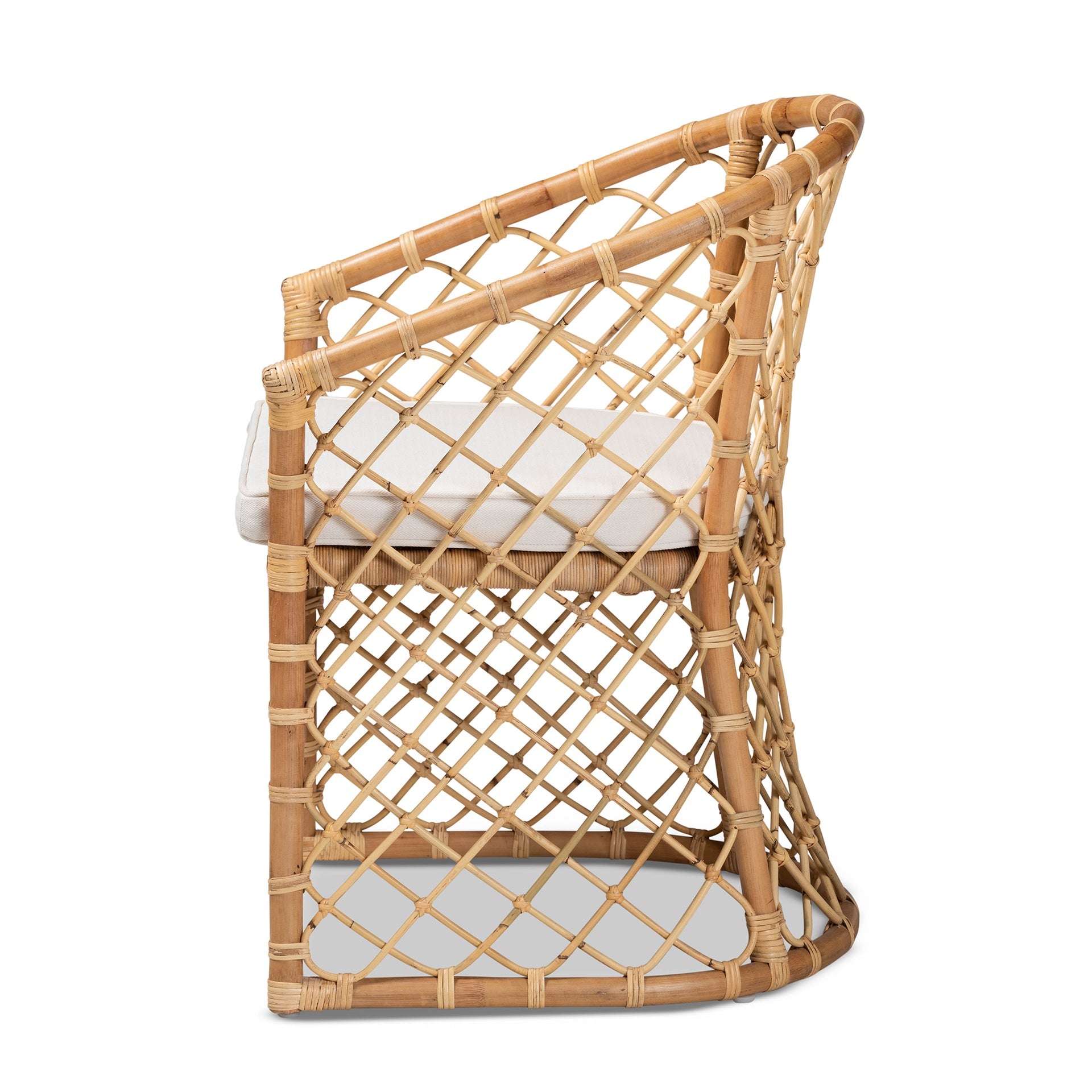Modern Bohemian White Fabric Upholstered and Natural Brown Rattan Dining Chair