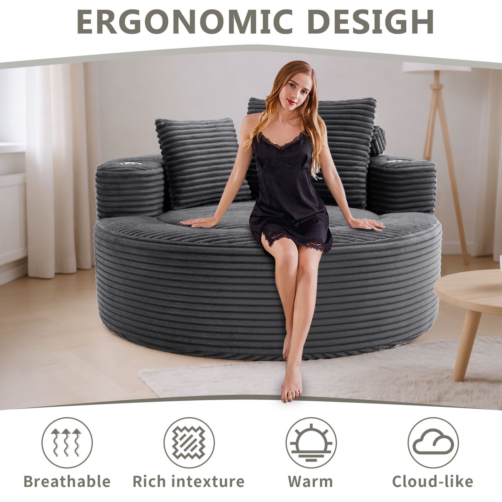 Round Sofa Bed with Memory Foam Sectional Couches for Living Room, Cloud Couch with three pillows, Dark Grey