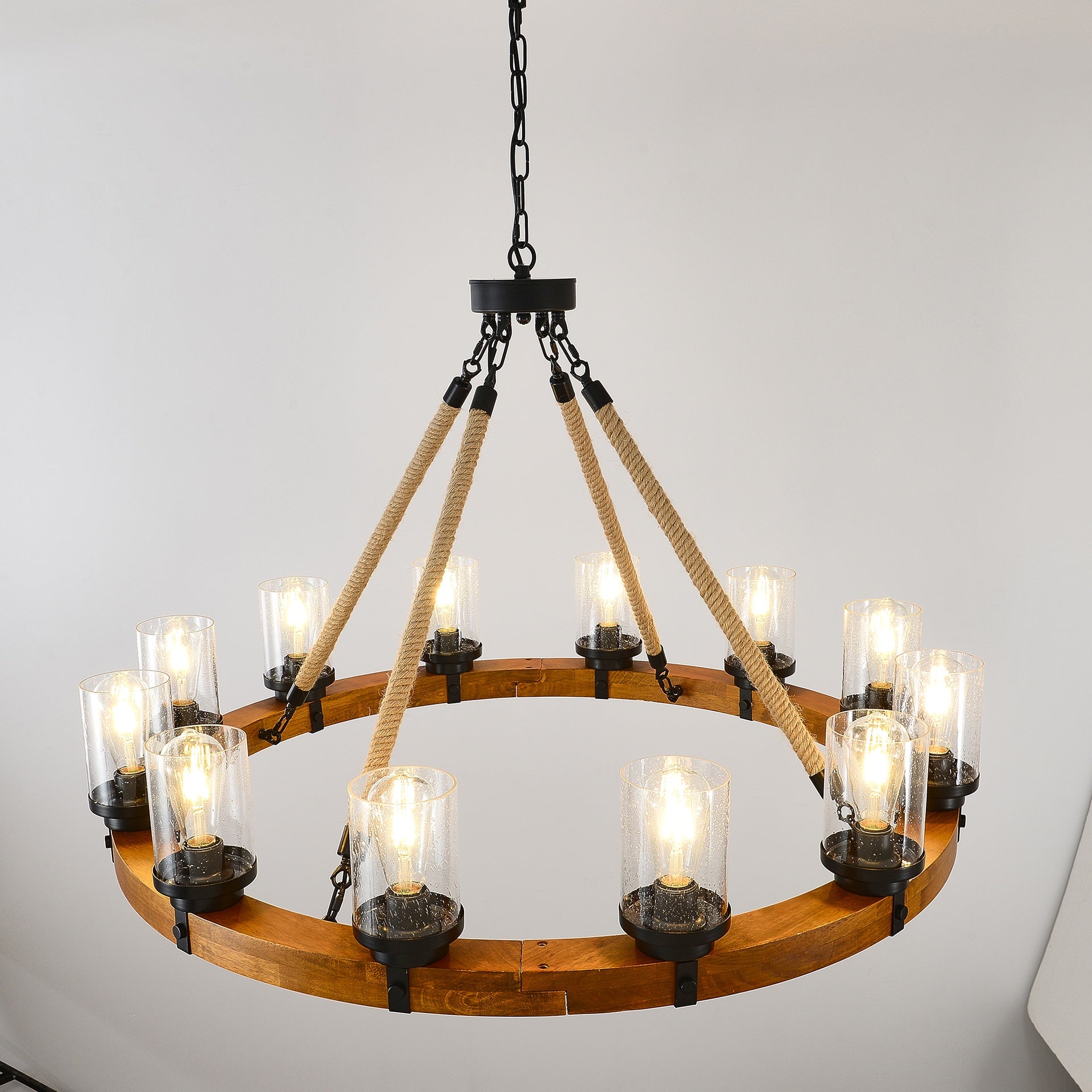 12-Light Rustic Wagon Wheel Chandelier,39"Wooden Pendant Light with Seeded Glass Shade,Industrial Chandeliers for Dining Room Kitchen lsland Foyer (Solid One-Piece Wood Frame Design)-NO INCLUDED BULBS