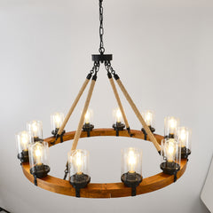 12-Light Rustic Wagon Wheel Chandelier,39"Wooden Pendant Light with Seeded Glass Shade,Industrial Chandeliers for Dining Room Kitchen lsland Foyer (Solid One-Piece Wood Frame Design)-NO INCLUDED BULBS