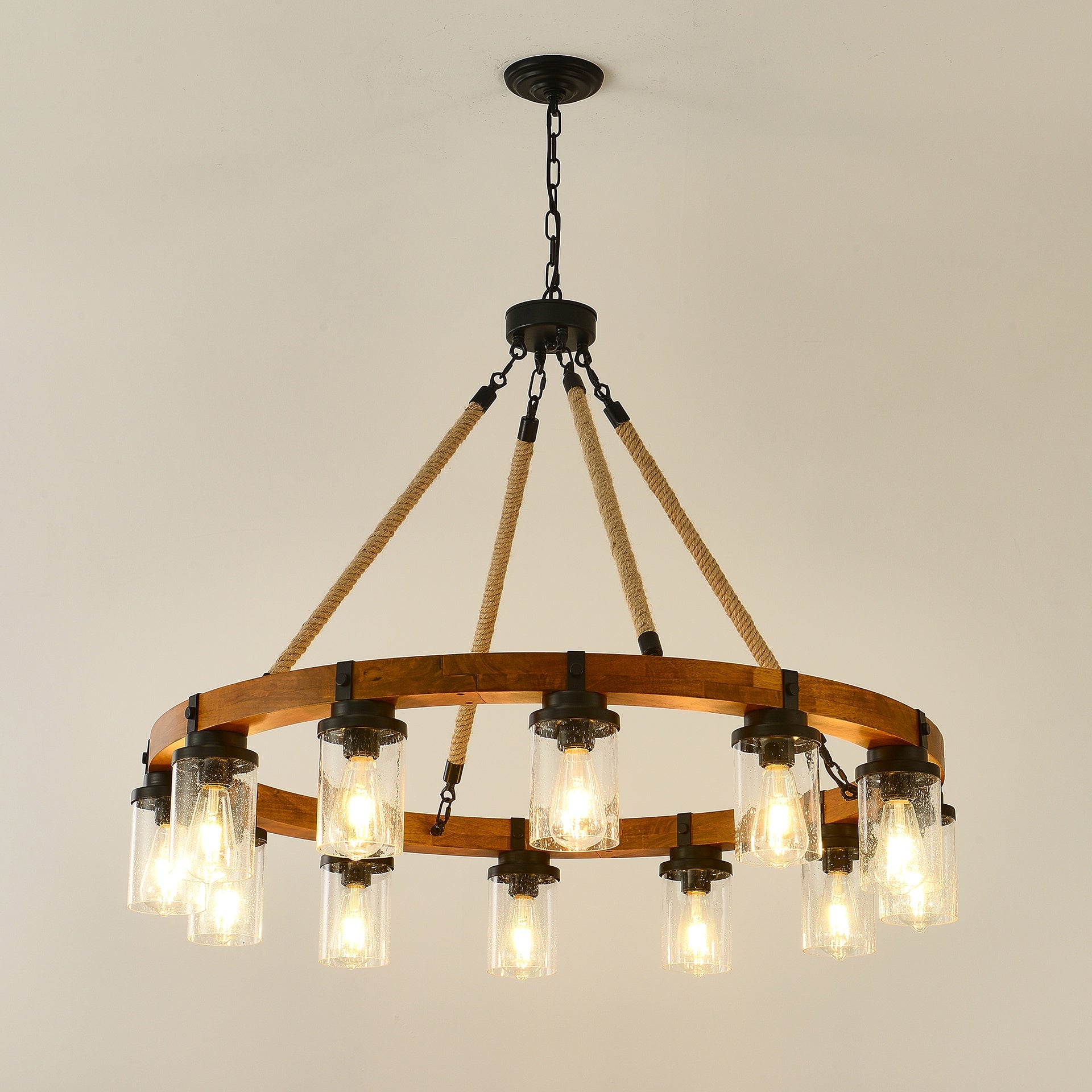 12-Light Rustic Wagon Wheel Chandelier,39"Wooden Pendant Light with Seeded Glass Shade,Industrial Chandeliers for Dining Room Kitchen lsland Foyer (Solid One-Piece Wood Frame Design)-NO INCLUDED BULBS