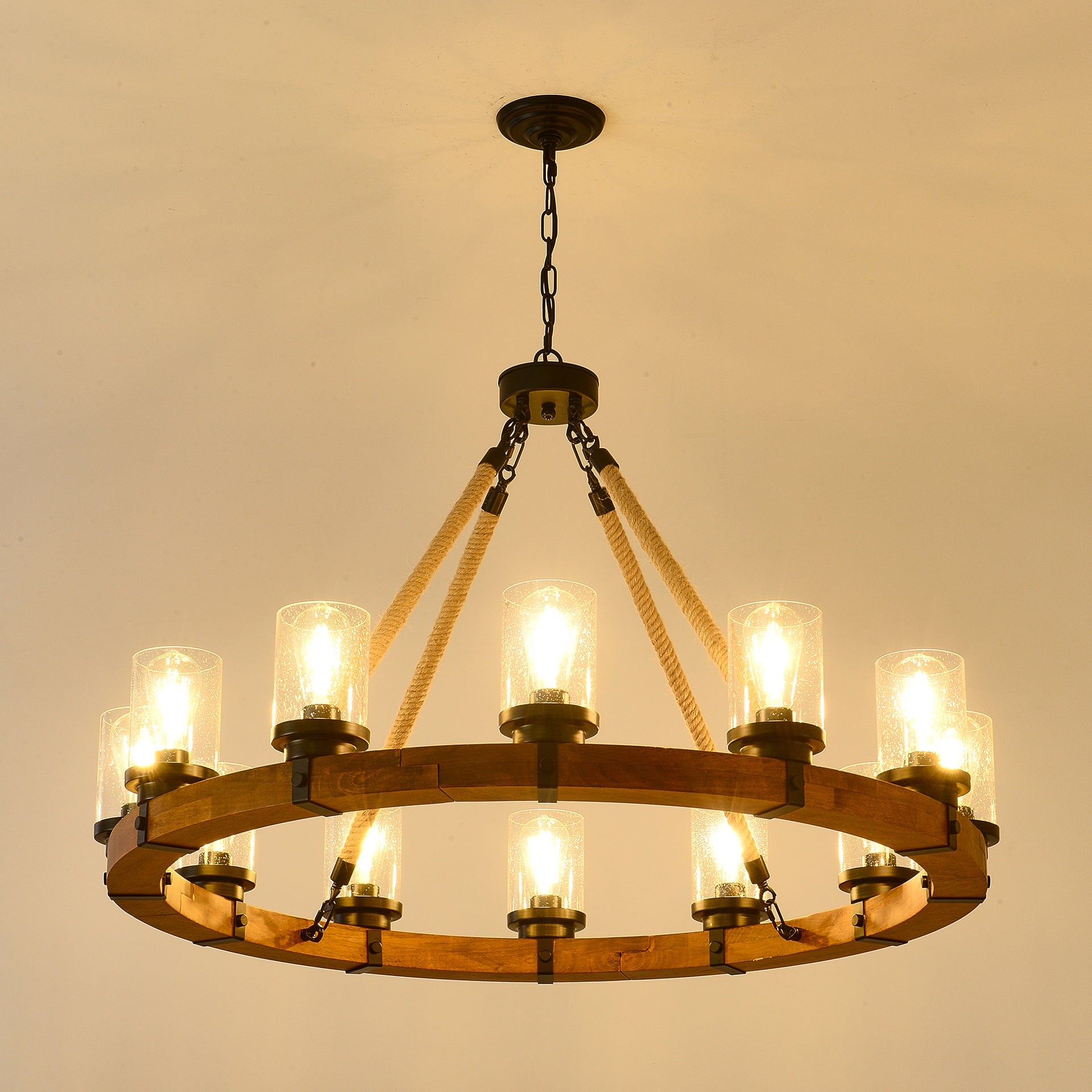 12-Light Rustic Wagon Wheel Chandelier,39"Wooden Pendant Light with Seeded Glass Shade,Industrial Chandeliers for Dining Room Kitchen lsland Foyer (Solid One-Piece Wood Frame Design)-NO INCLUDED BULBS