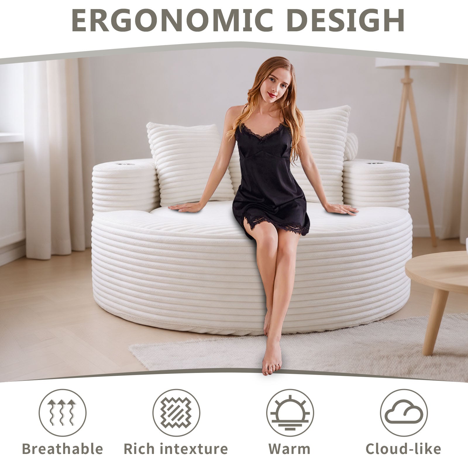Round Sofa Bed with Memory Foam Sectional Couches for Living Room, Cloud Couch with three pillows, White