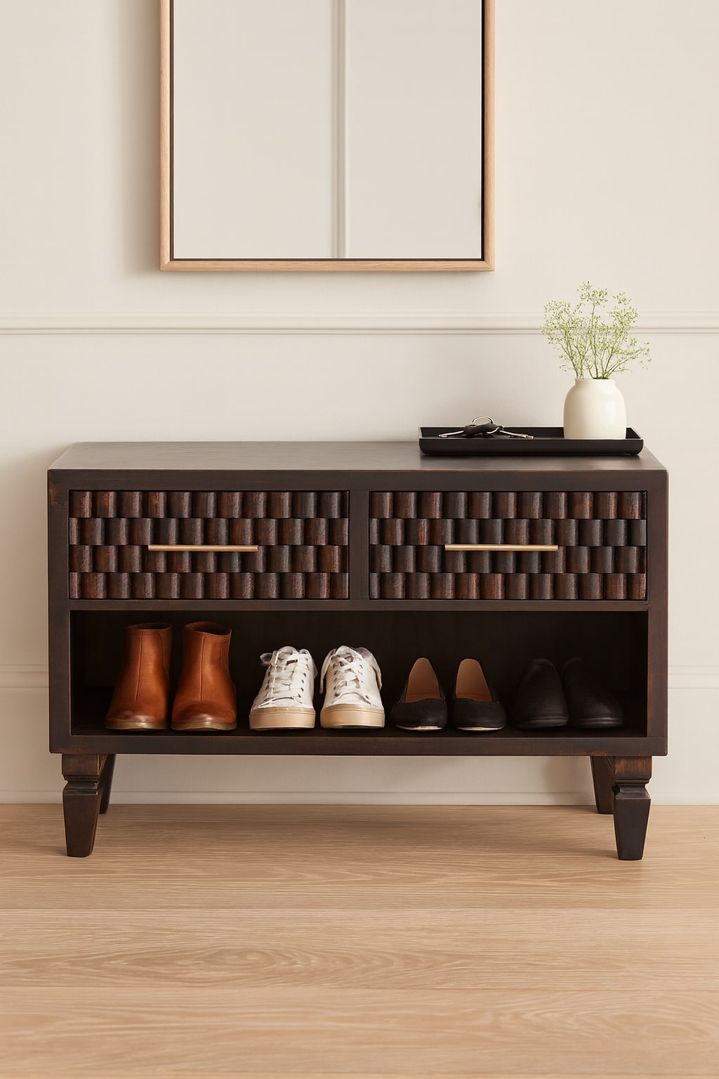 Solid Wood Arno Shoe Storage Unit,Black,2-Drawers,1-Shelf