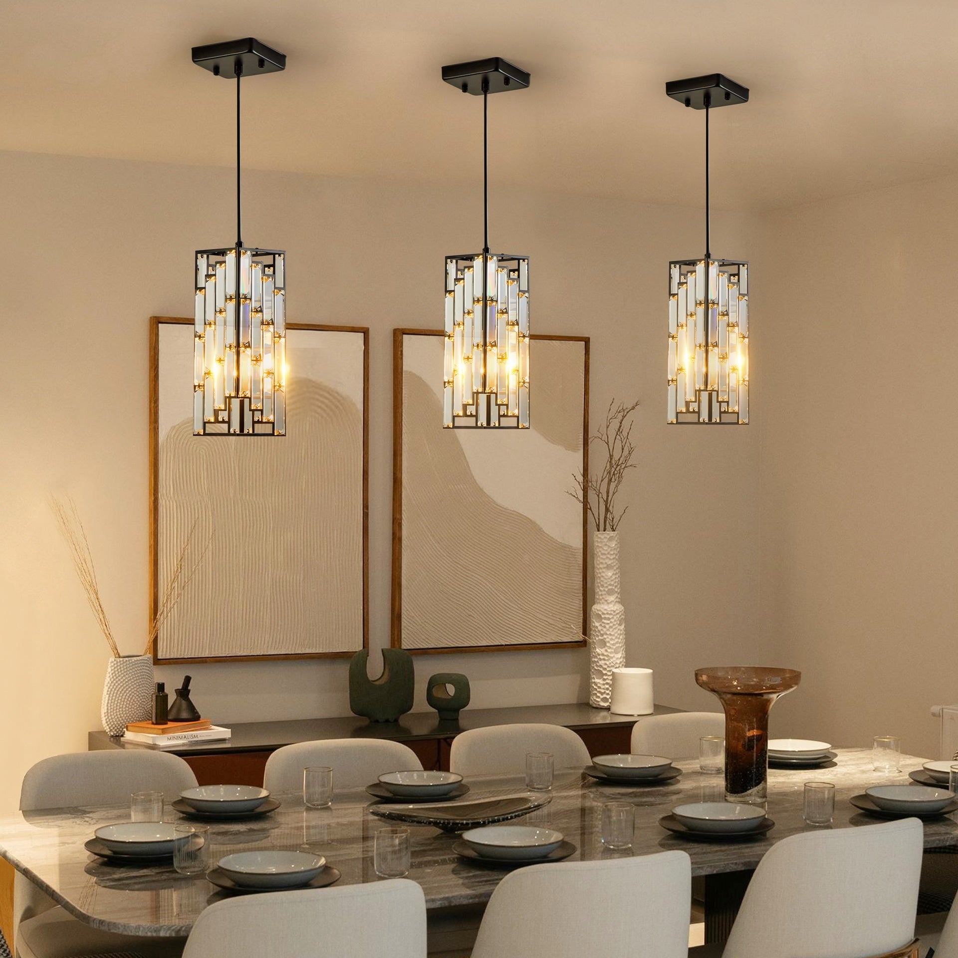 4" Modern Crystal Pendant Light - 3 Pack, Adjustable Hanging Ceiling Lamp with Crystal Prism Design for Dining Room, Kitchen Island, and Living Room -Black Finish
