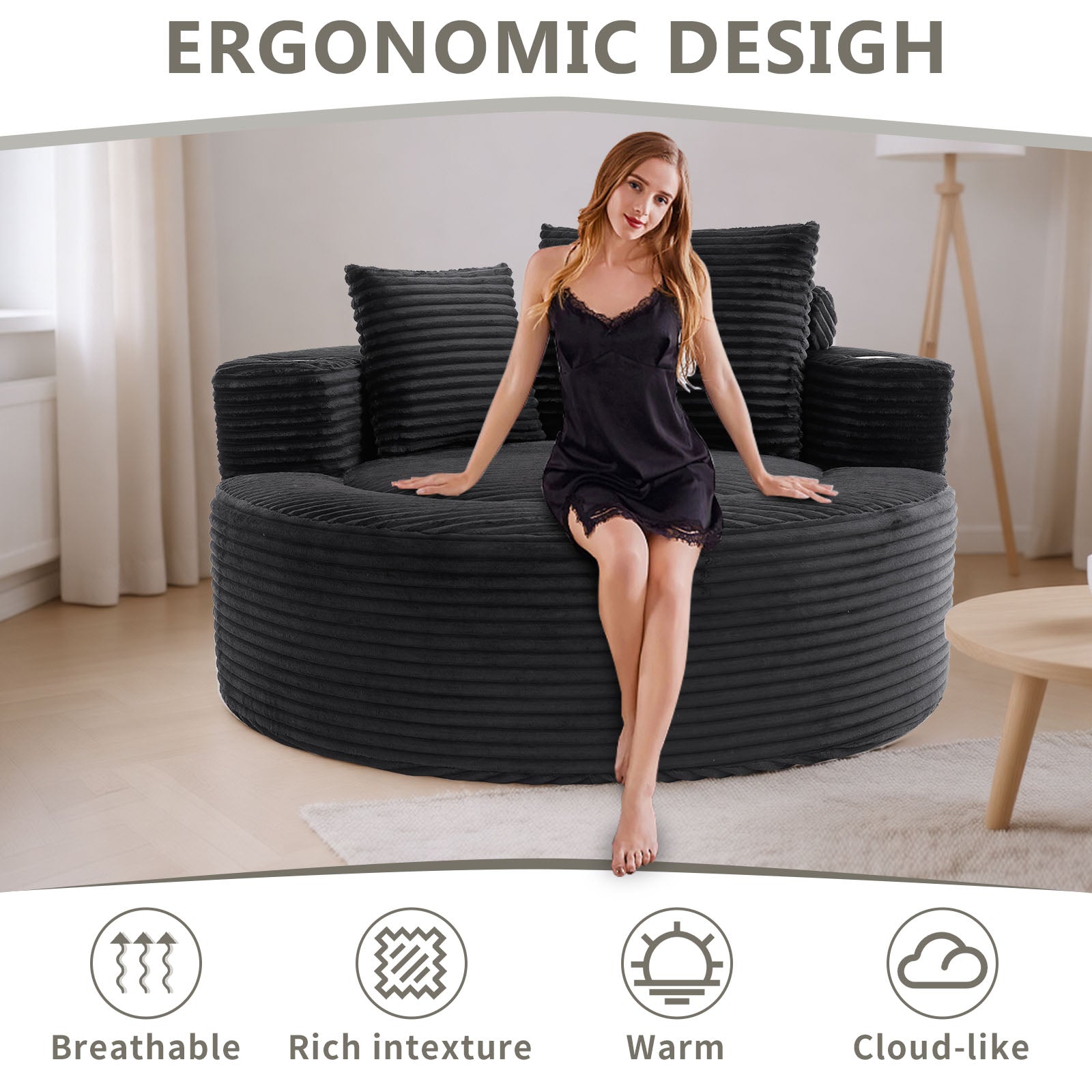 Round Sofa Bed with Memory Foam Sectional Couches for Living Room, Cloud Couch with three pillows, Black
