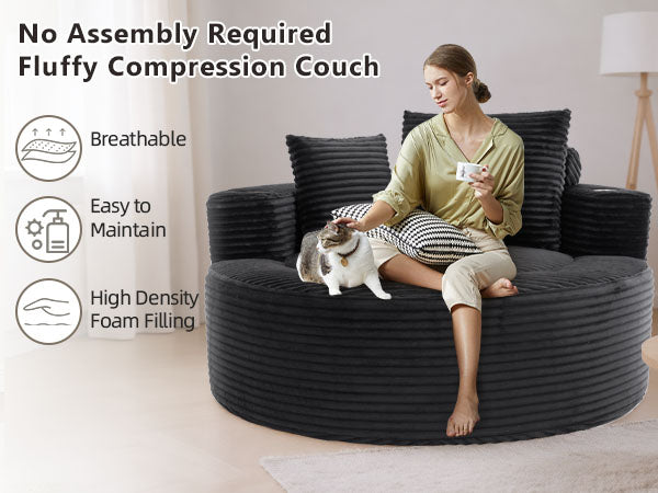 Round Sofa Bed with Memory Foam Sectional Couches for Living Room, Cloud Couch with three pillows, Black