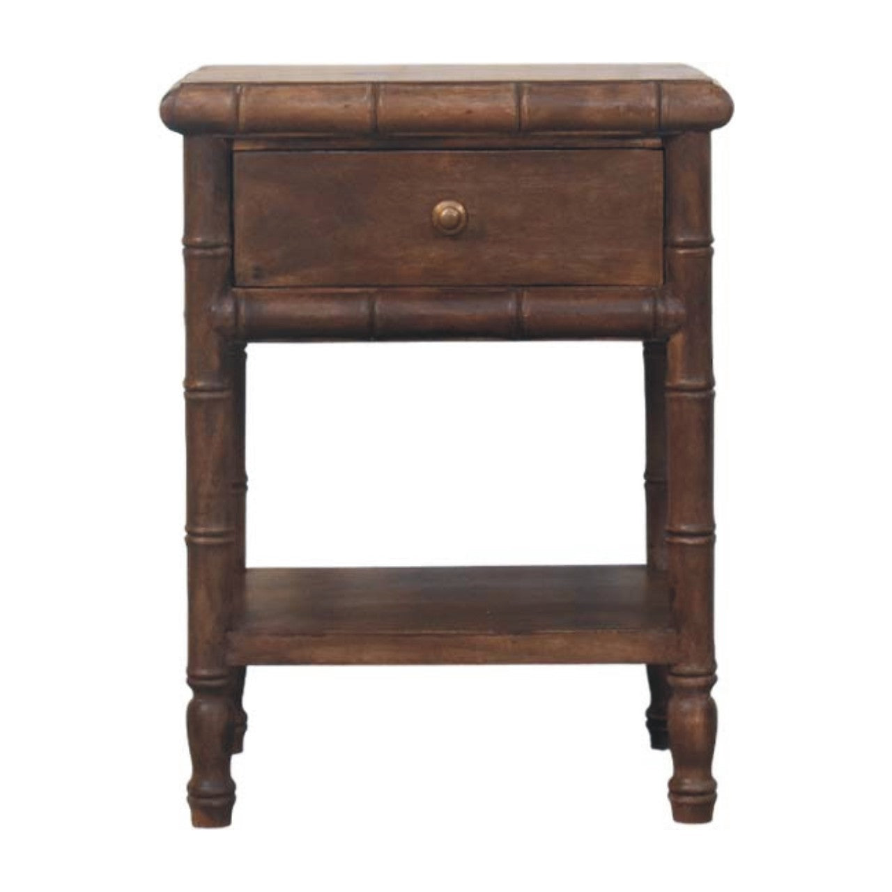 Solid Wood Bamboo Carved Bedside Table,Brown,1-Drawer,1-Shelf
