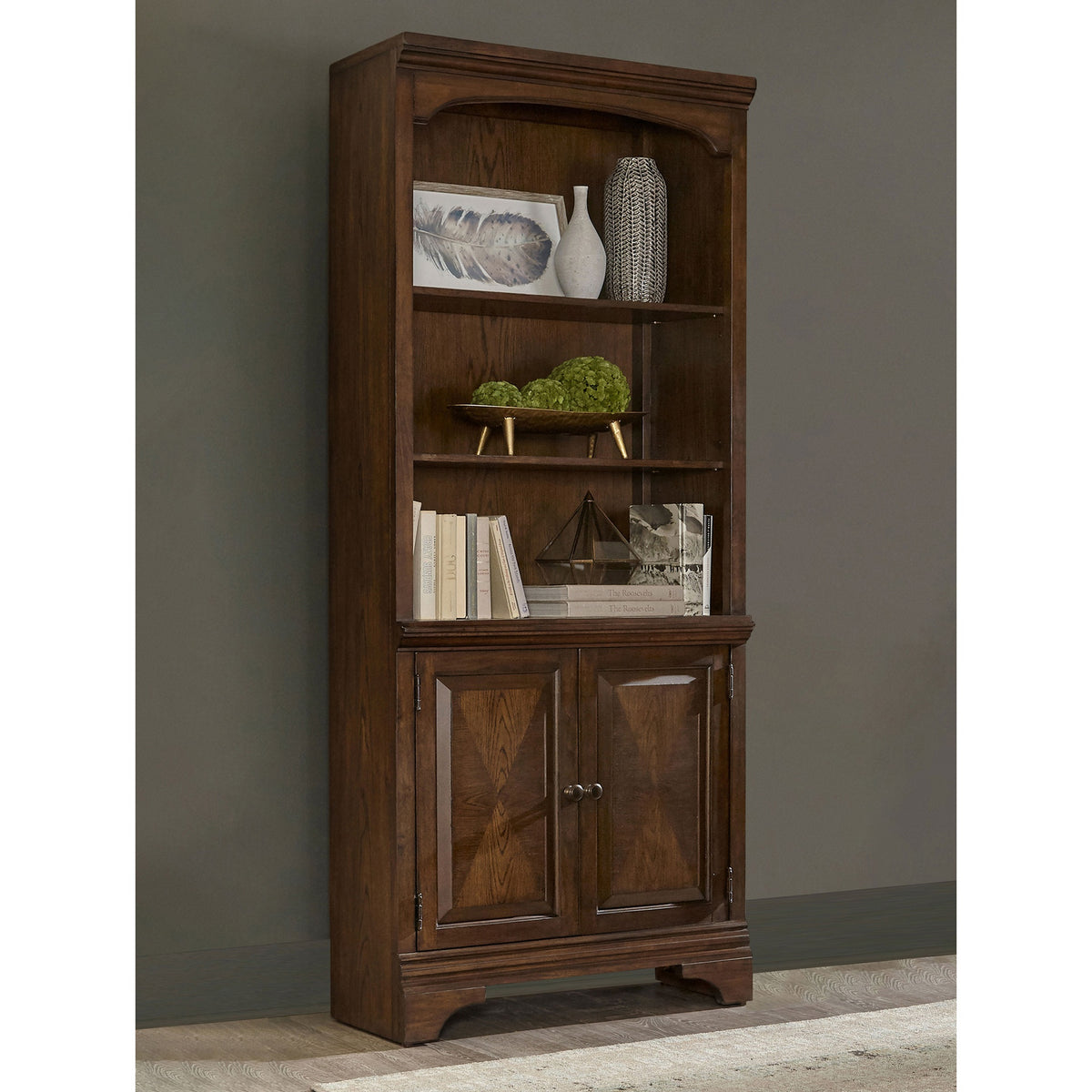 Stigham Burnished Oak Bookcase with 2-door Cabinet