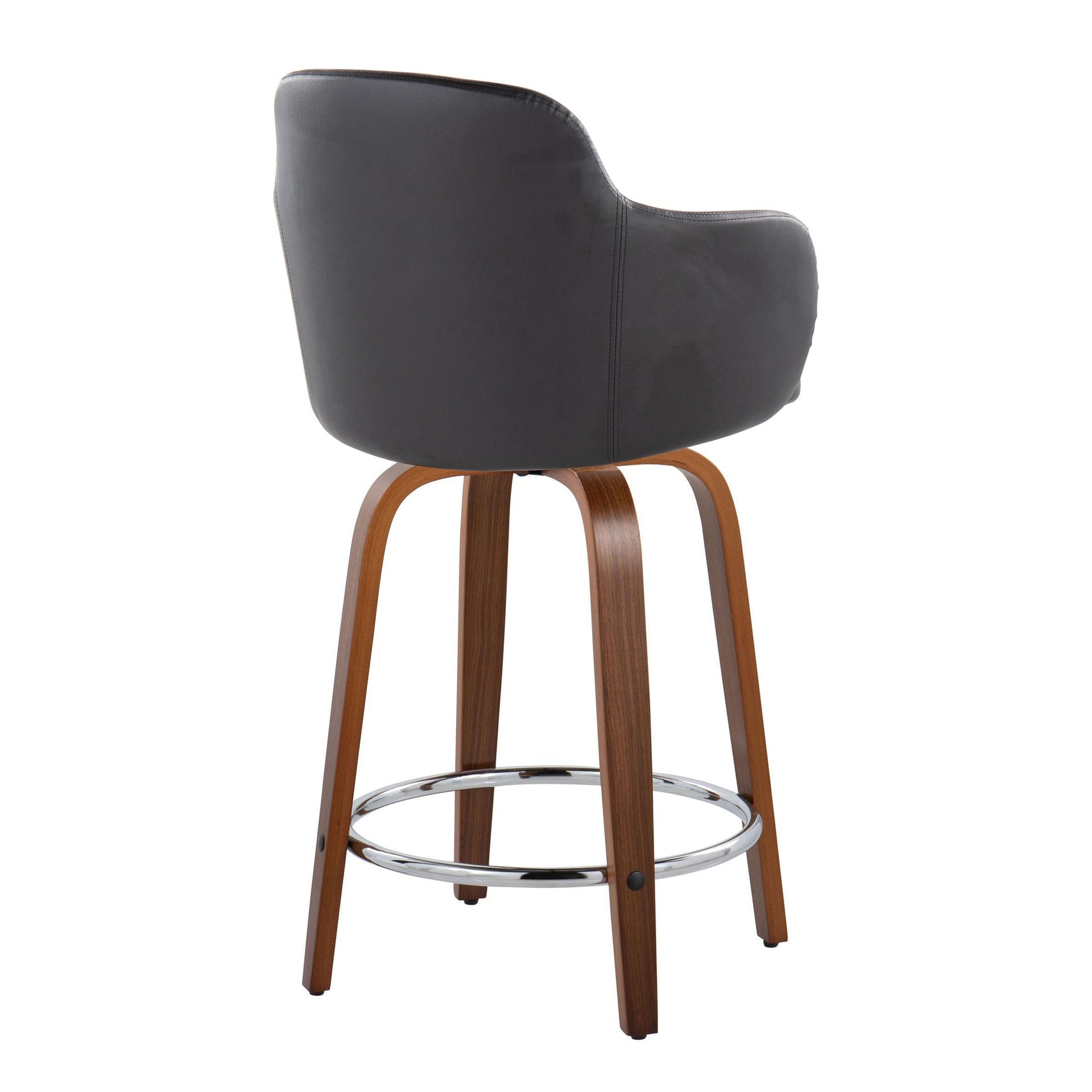 Boyne 24" Contemporary Fixed-Height Counter Stool with Swivel in Walnut Wood and Black Faux Leather with Round Chrome Metal Footrest by LumiSource - Set of 2