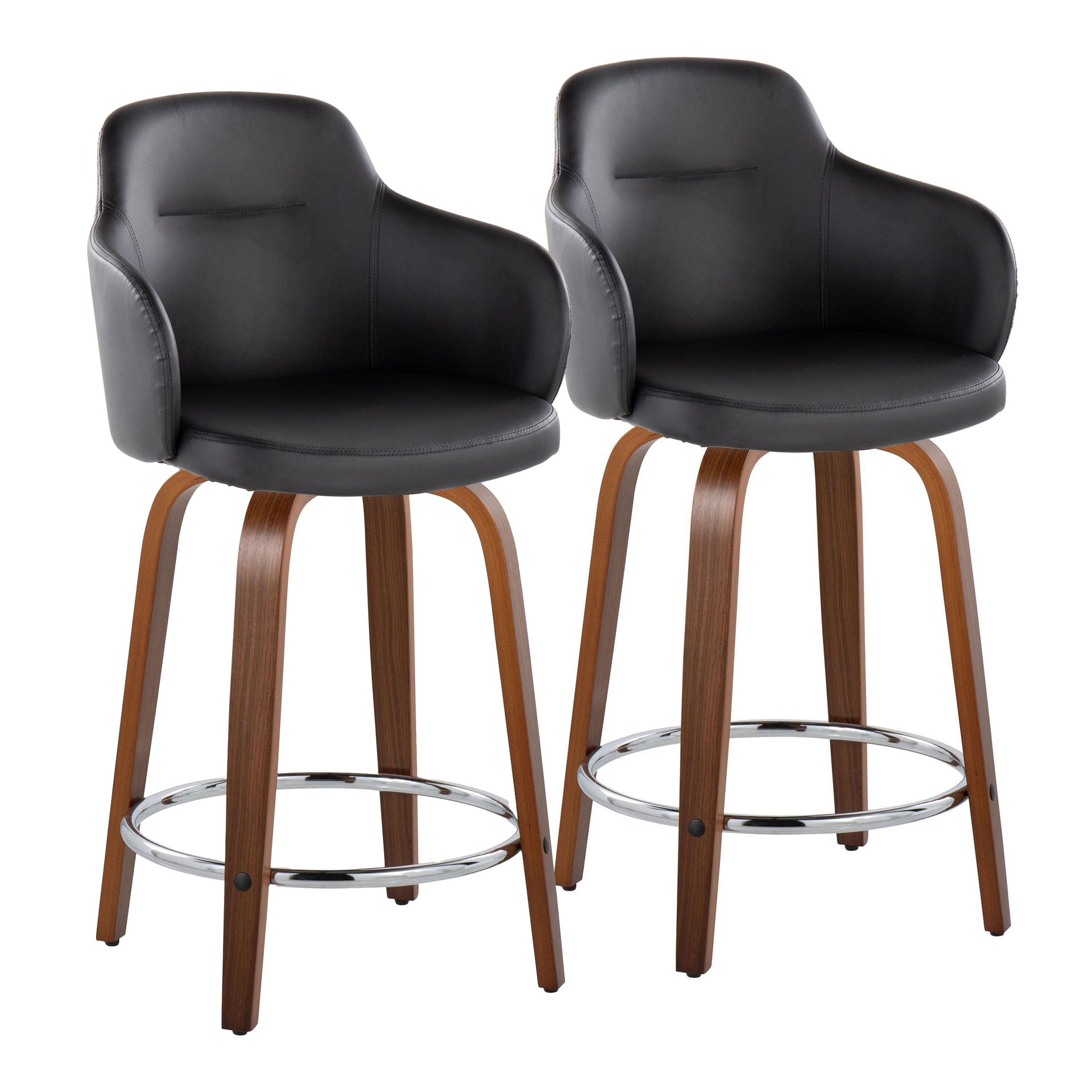 Boyne 24" Contemporary Fixed-Height Counter Stool with Swivel in Walnut Wood and Black Faux Leather with Round Chrome Metal Footrest by LumiSource - Set of 2