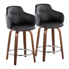 Boyne 24" Contemporary Fixed-Height Counter Stool with Swivel in Walnut Wood and Black Faux Leather with Round Chrome Metal Footrest by LumiSource - Set of 2