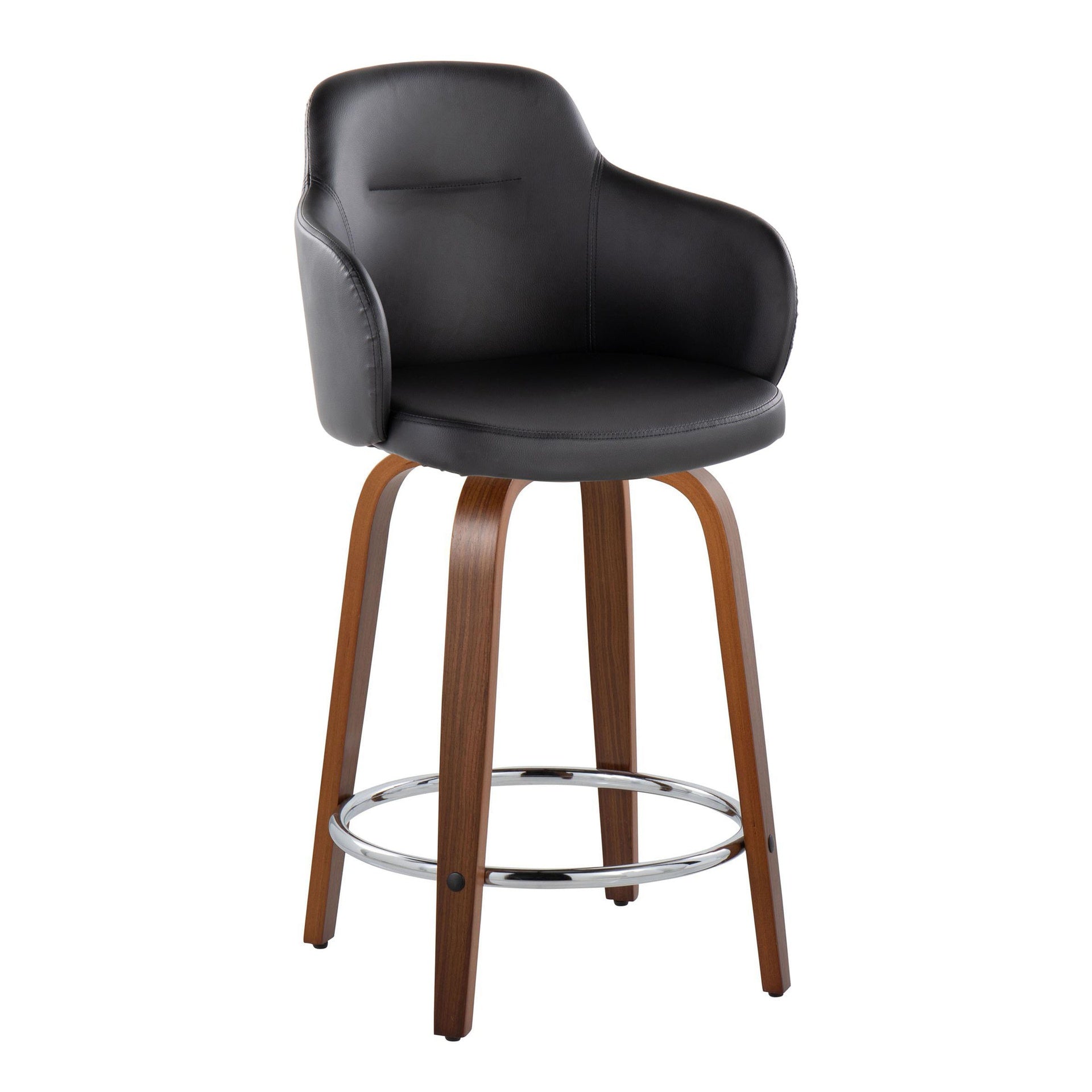 Boyne 24" Contemporary Fixed-Height Counter Stool with Swivel in Walnut Wood and Black Faux Leather with Round Chrome Metal Footrest by LumiSource - Set of 2