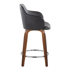 Boyne 24" Contemporary Fixed-Height Counter Stool with Swivel in Walnut Wood and Black Faux Leather with Round Chrome Metal Footrest by LumiSource - Set of 2