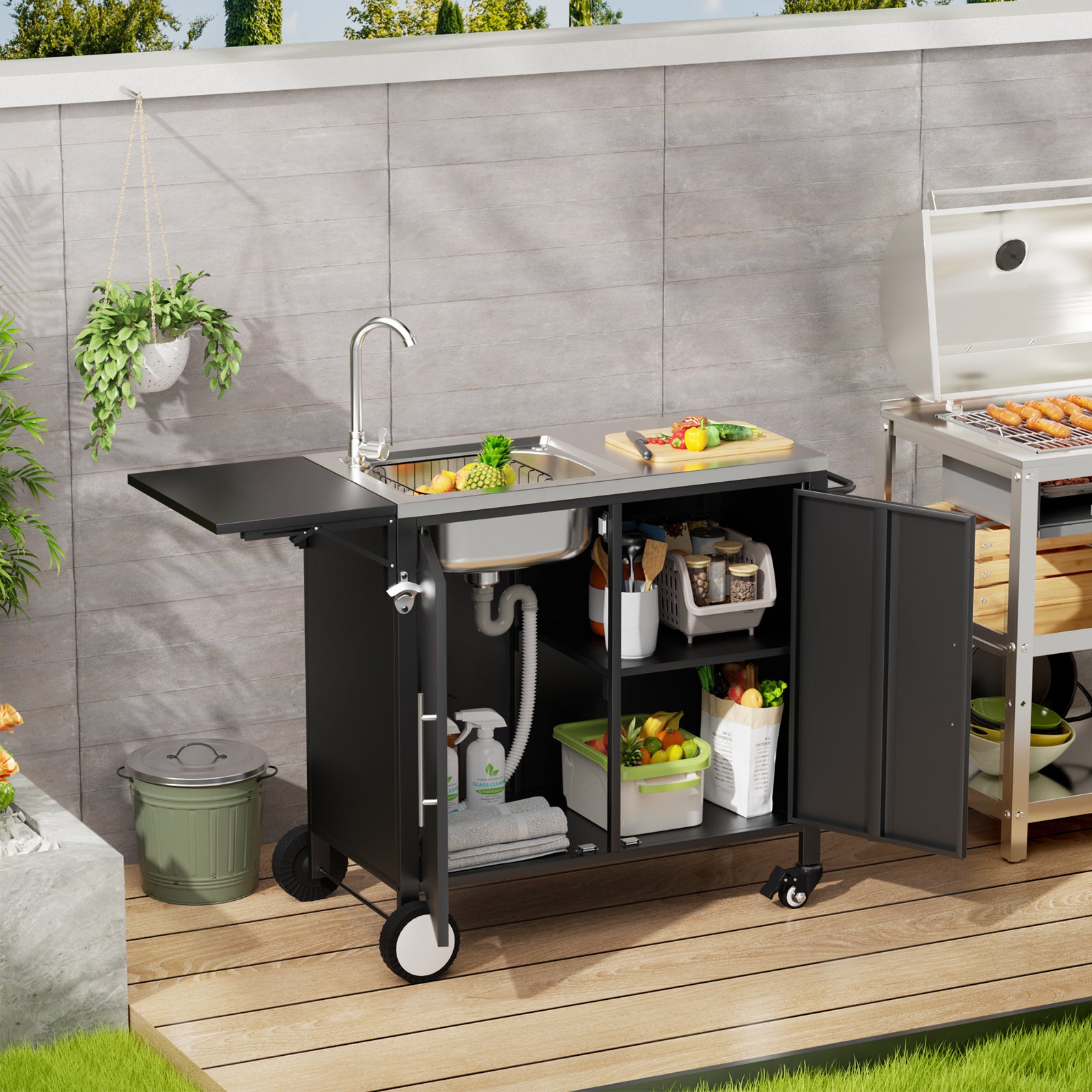 Outdoor Grill Table with Sink, Metal Worktable Kitchen Cabinet Island with Foldable Top and Storage Cabinet, Rolling Grill Cart with Wheels for Garden, Backyard and Lawn