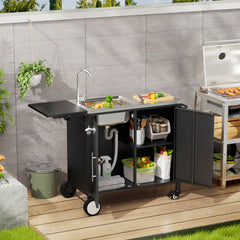 Outdoor Grill Table with Sink, Metal Worktable Kitchen Cabinet Island with Foldable Top and Storage Cabinet, Rolling Grill Cart with Wheels for Garden, Backyard and Lawn