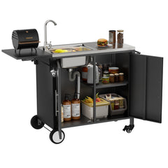 Outdoor Grill Table with Sink, Metal Worktable Kitchen Cabinet Island with Foldable Top and Storage Cabinet, Rolling Grill Cart with Wheels for Garden, Backyard and Lawn