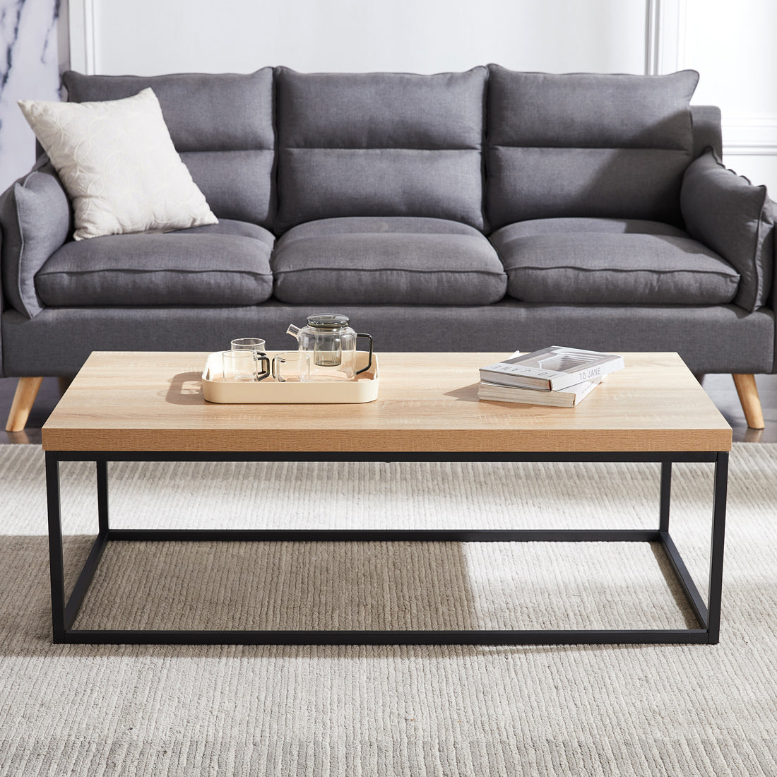 47-Inch Natural Oak Coffee Table for Living Room, Modern Industrial Rectangular Wood and Metal Center Table with Extra Thick Tabletop (Natural Wood)