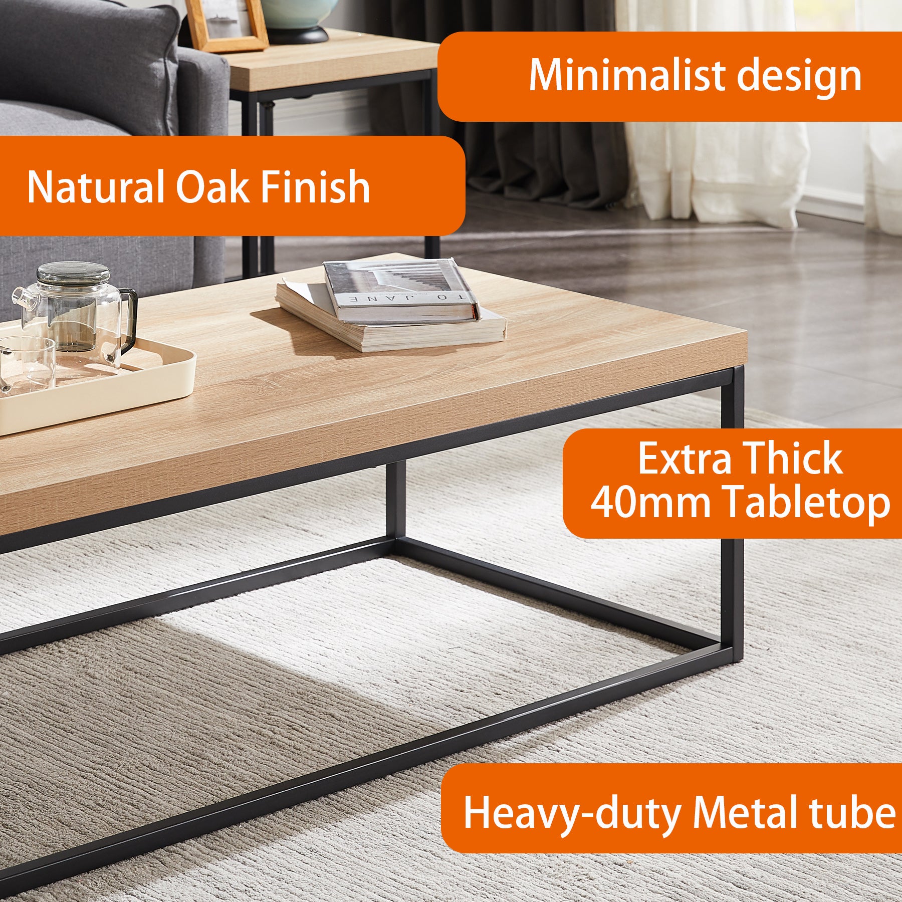 47-Inch Natural Oak Coffee Table for Living Room, Modern Industrial Rectangular Wood and Metal Center Table with Extra Thick Tabletop (Natural Wood)