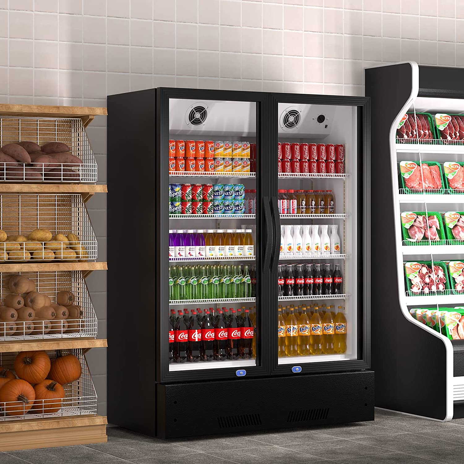 Commercial Display Refrigerator, Upright Swing Glass Door Merchandiser Fridge with LED Lightning, Reach-in Beverage Cooler for Shop Restaurant, ETL Approved, 17.1 Cu. Ft, Black