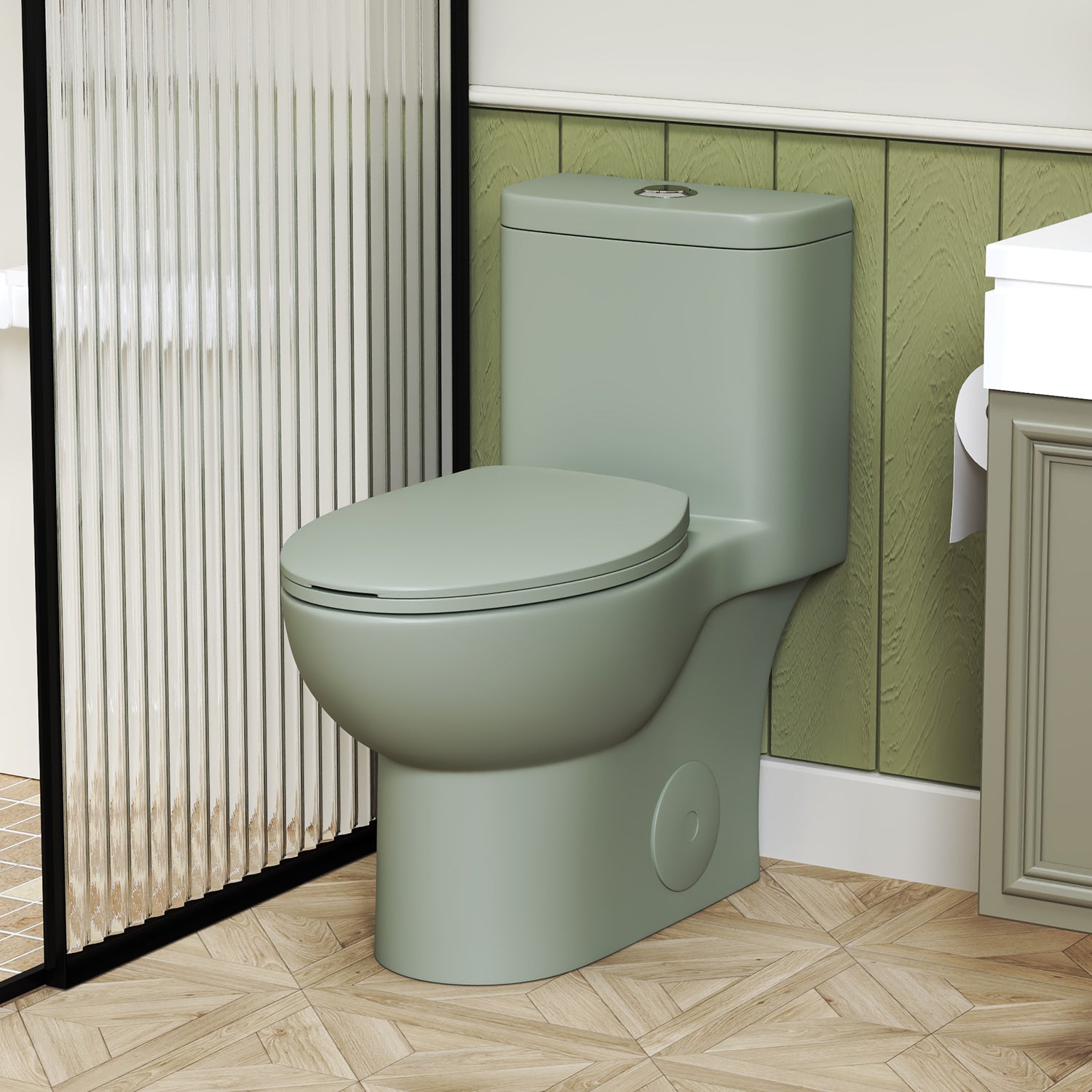 1.1/1.6 GPF Tornado Flush One-Piece Toilet with Comfort Chair Seat ADA Height 17",Powerful & Quiet Dual Flush Modern Toilet,Siphonic S-trap 12",Rimless Bowl with Soft Closing Seat,Green
 2GN-006