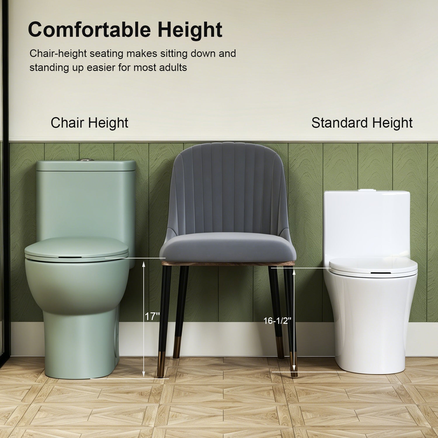 1.1/1.6 GPF Tornado Flush One-Piece Toilet with Comfort Chair Seat ADA Height 17",Powerful & Quiet Dual Flush Modern Toilet,Siphonic S-trap 12",Rimless Bowl with Soft Closing Seat,Green
 2GN-006