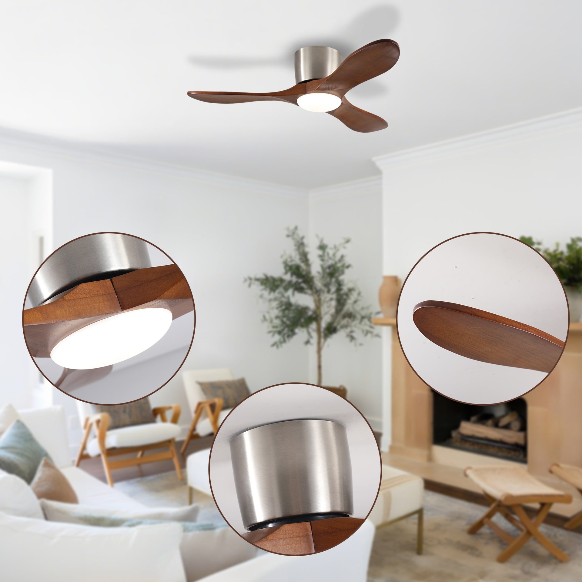 42-inch Ceiling Fan with Light, 3 Light Walnut Wood Blades, Remote Control, Reversible DC Motor for Living Room