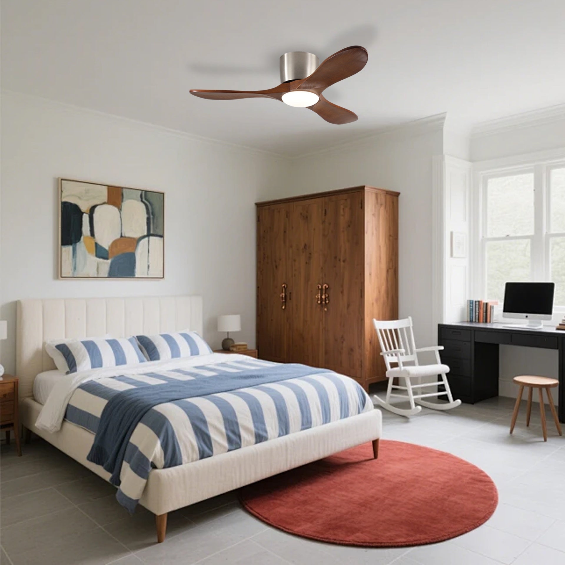 42-inch Ceiling Fan with Light, 3 Light Walnut Wood Blades, Remote Control, Reversible DC Motor for Living Room
