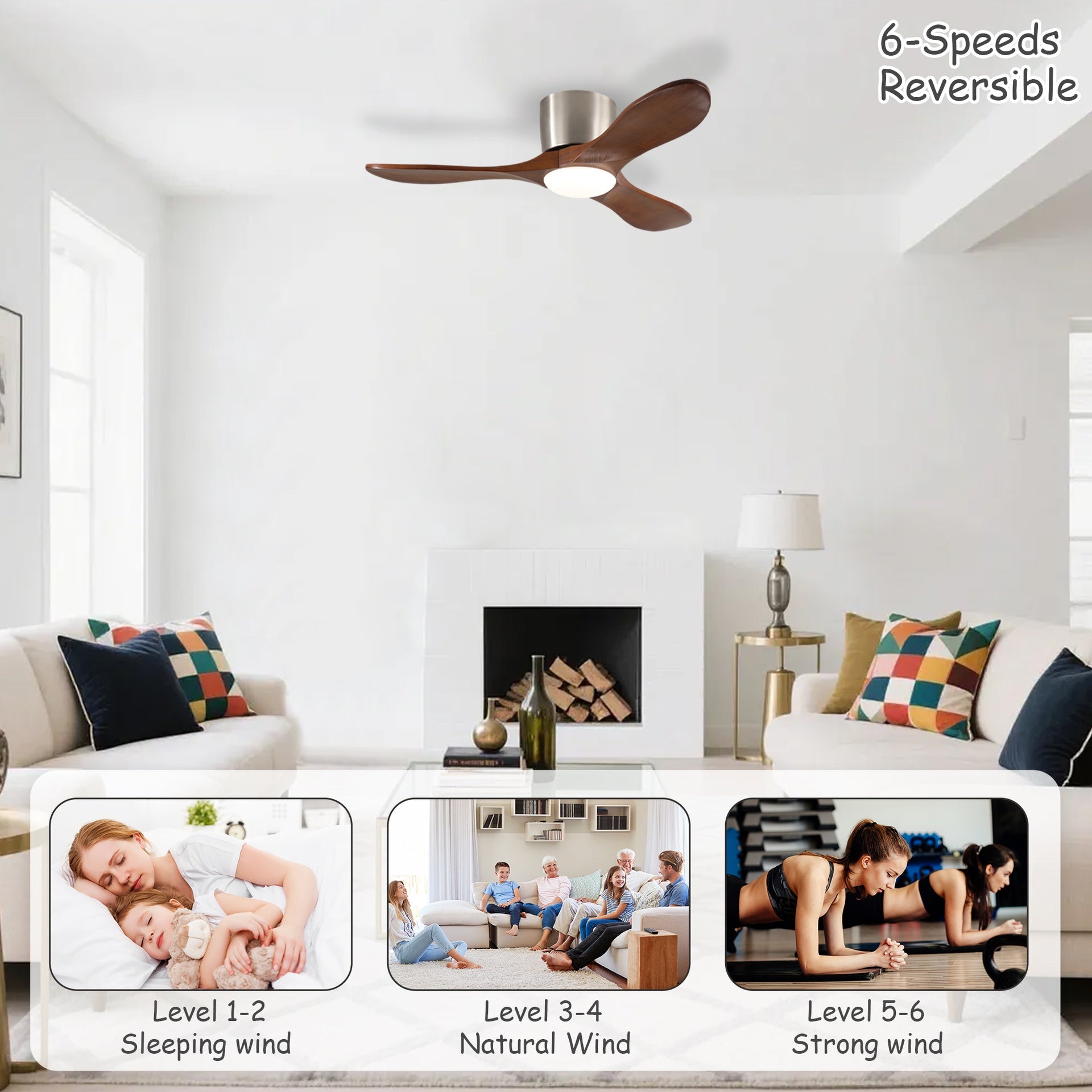 42-inch Ceiling Fan with Light, 3 Light Walnut Wood Blades, Remote Control, Reversible DC Motor for Living Room