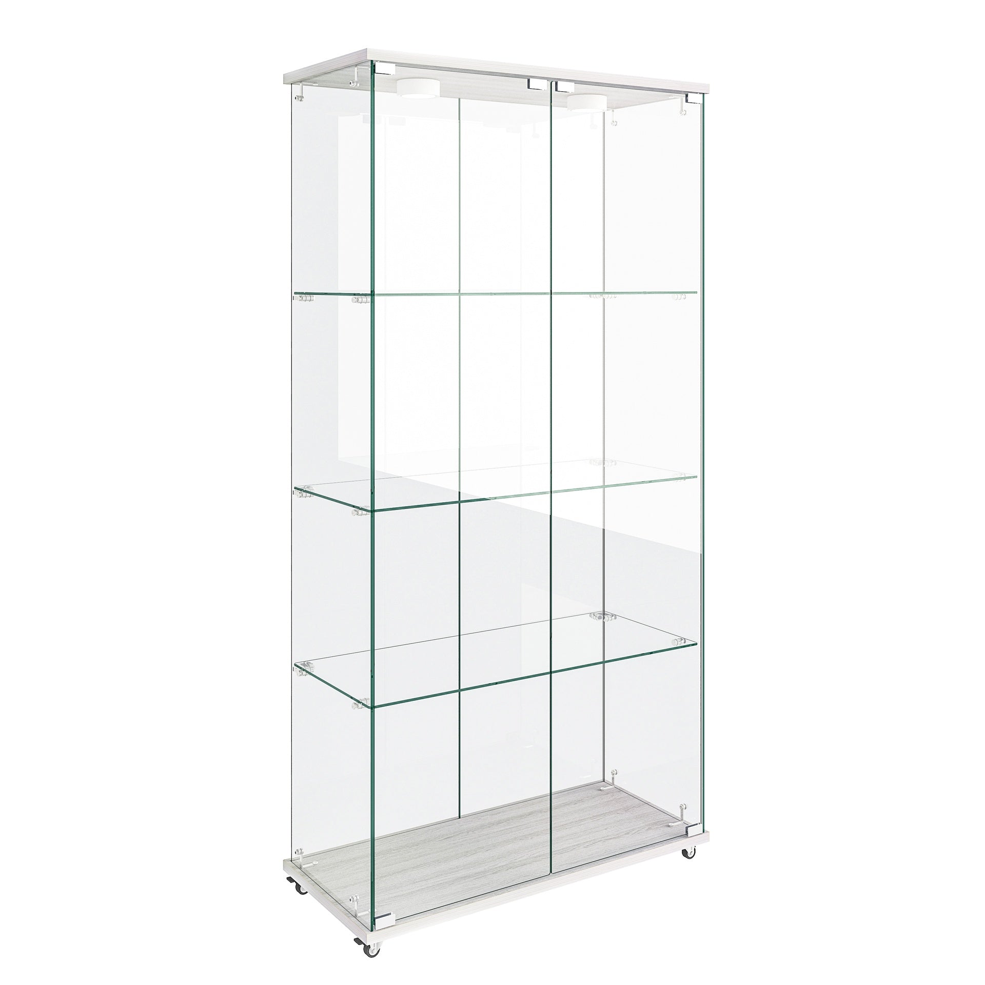 Modern Glass Display Cabinet with LED lights, Quick-assembly Antique Cabinet, Tempered Glass Bookshelf, Suitable for Living Room and Bedrooms, 2-door 4-shelf, Transparent+White