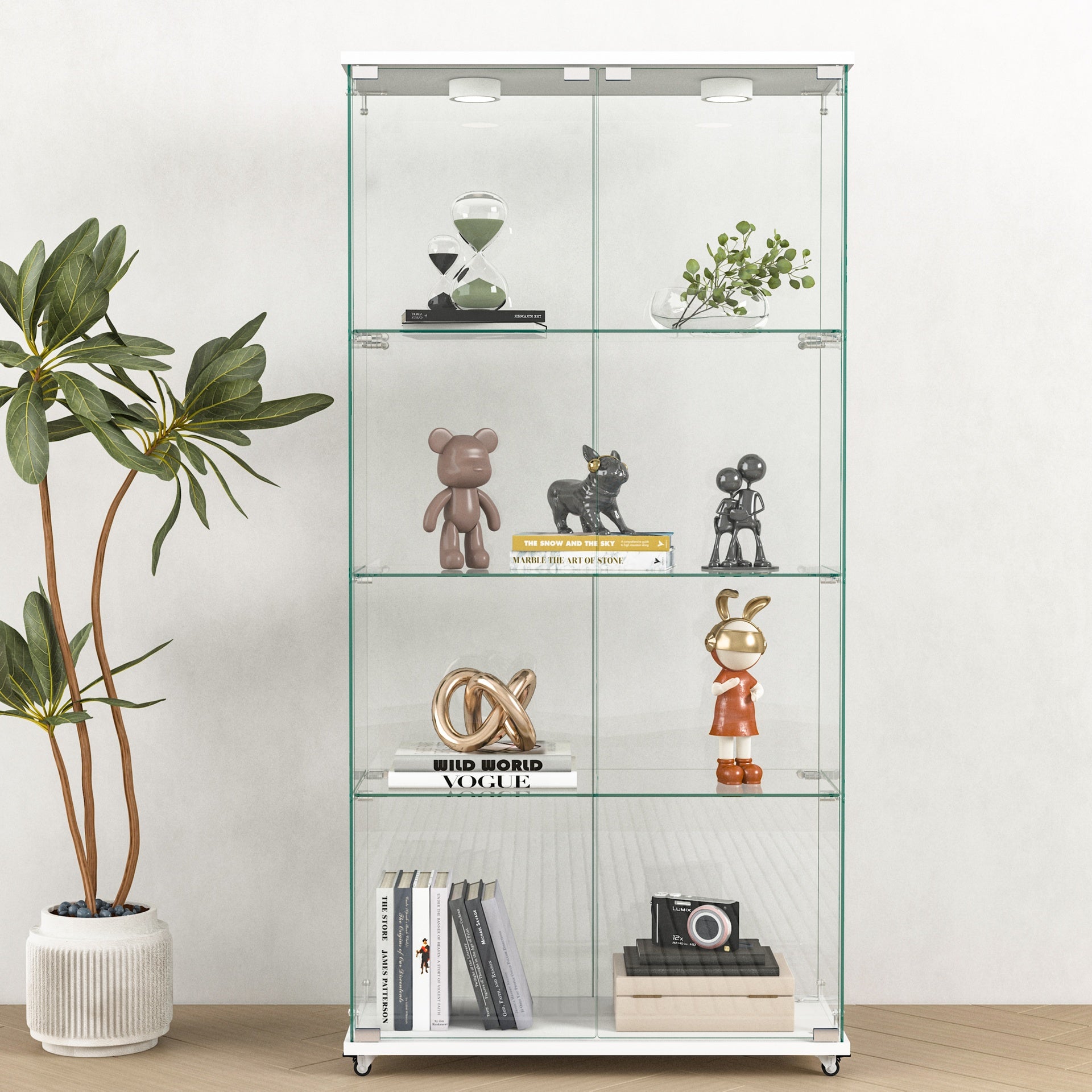 Modern Glass Display Cabinet with LED lights, Quick-assembly Antique Cabinet, Tempered Glass Bookshelf, Suitable for Living Room and Bedrooms, 2-door 4-shelf, Transparent+White
