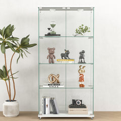 Modern Glass Display Cabinet with LED lights, Quick-assembly Antique Cabinet, Tempered Glass Bookshelf, Suitable for Living Room and Bedrooms, 2-door 4-shelf, Transparent+White