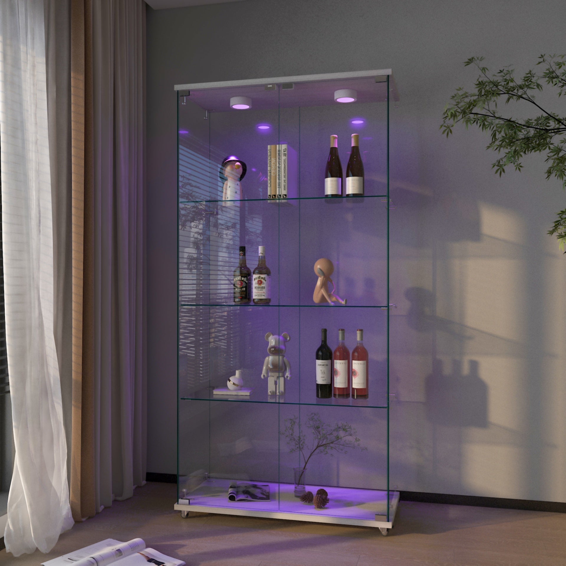 Modern Glass Display Cabinet with LED lights, Quick-assembly Antique Cabinet, Tempered Glass Bookshelf, Suitable for Living Room and Bedrooms, 2-door 4-shelf, Transparent+White