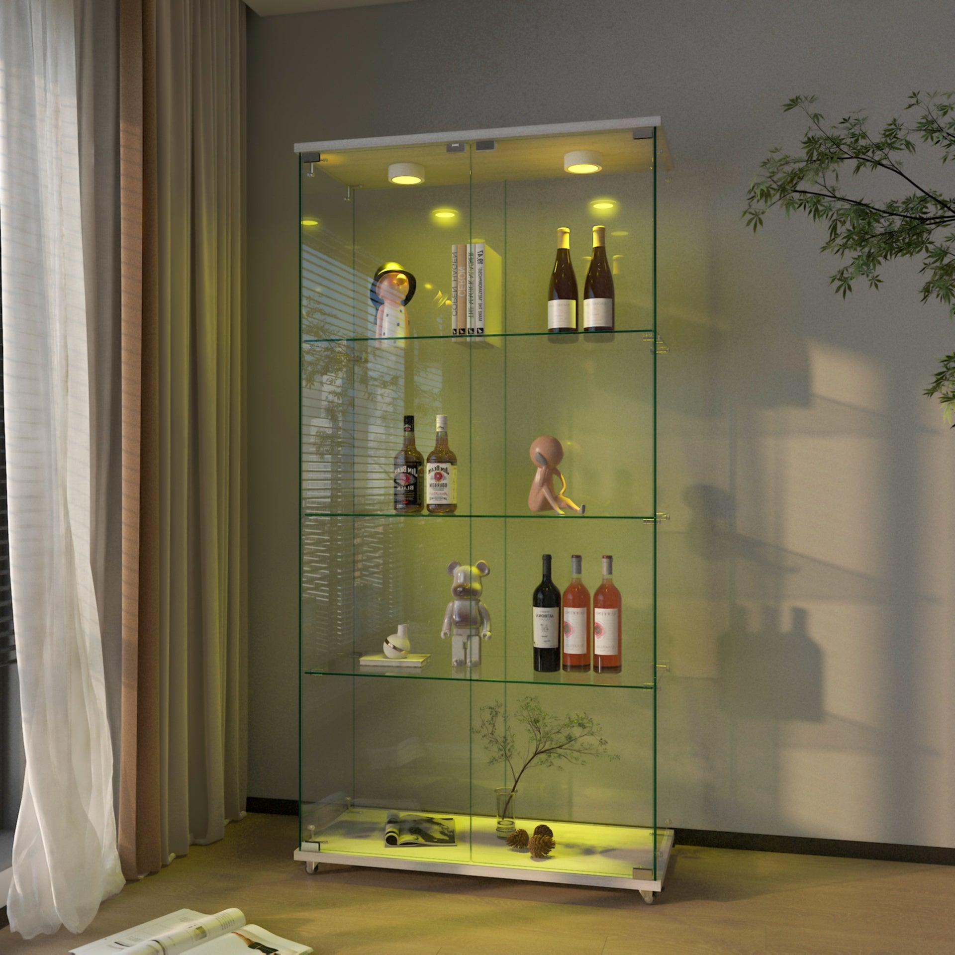 Modern Glass Display Cabinet with LED lights, Quick-assembly Antique Cabinet, Tempered Glass Bookshelf, Suitable for Living Room and Bedrooms, 2-door 4-shelf, Transparent+White