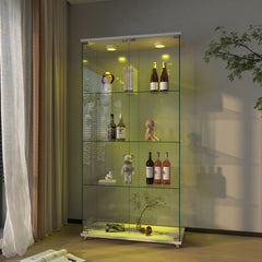 Modern Glass Display Cabinet with LED lights, Quick-assembly Antique Cabinet, Tempered Glass Bookshelf, Suitable for Living Room and Bedrooms, 2-door 4-shelf, Transparent+White