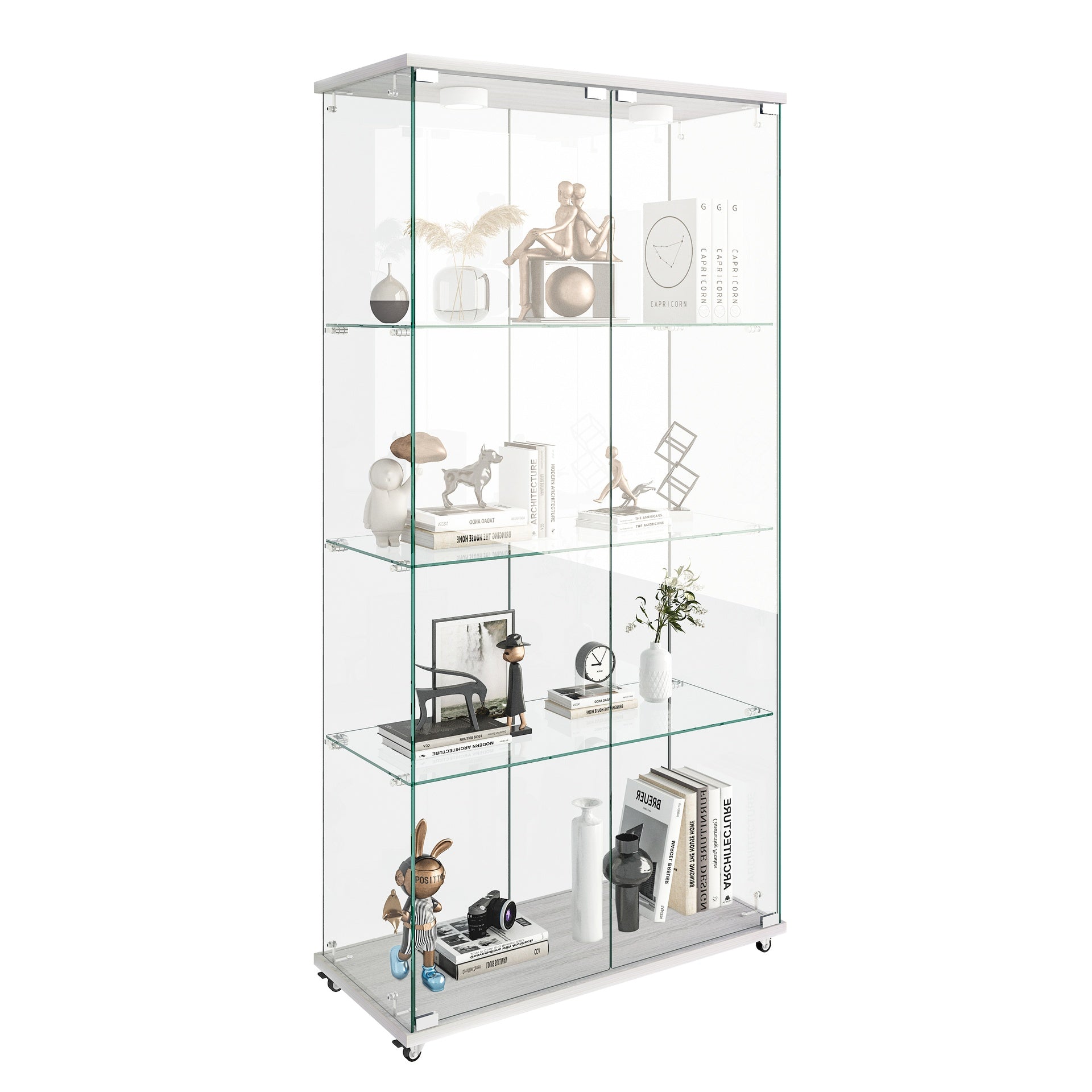 Modern Glass Display Cabinet with LED lights, Quick-assembly Antique Cabinet, Tempered Glass Bookshelf, Suitable for Living Room and Bedrooms, 2-door 4-shelf, Transparent+White