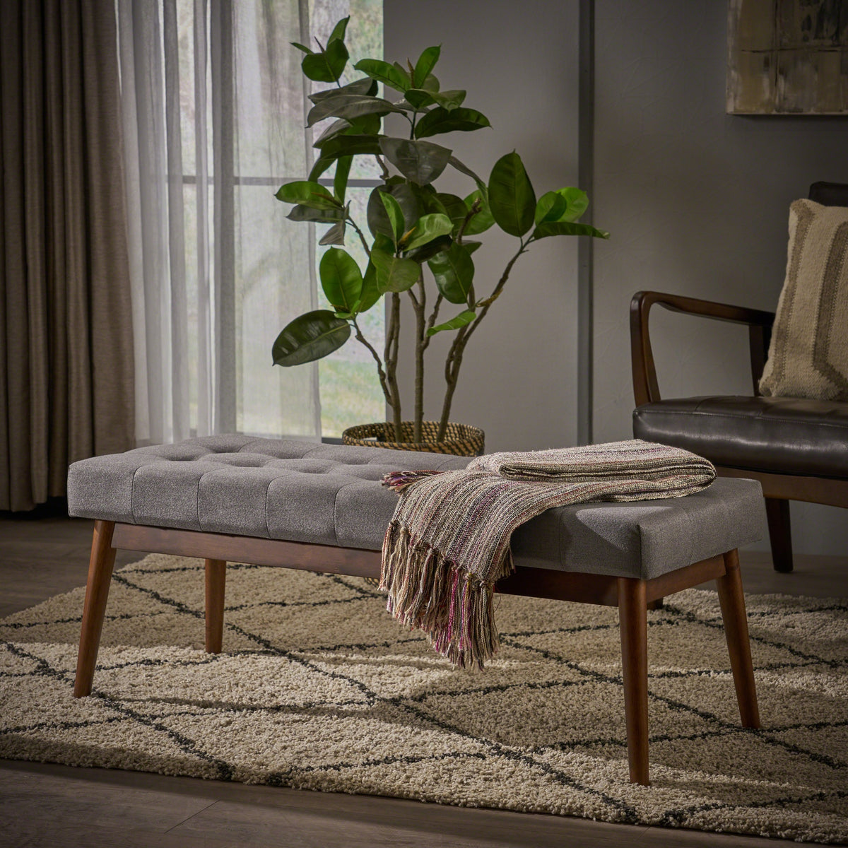 Mid-Century Ottoman for for Entryway Dining Room Living Room Bedroom End of Bed, Upholstered Fabric Design with Button-Tufted Detail