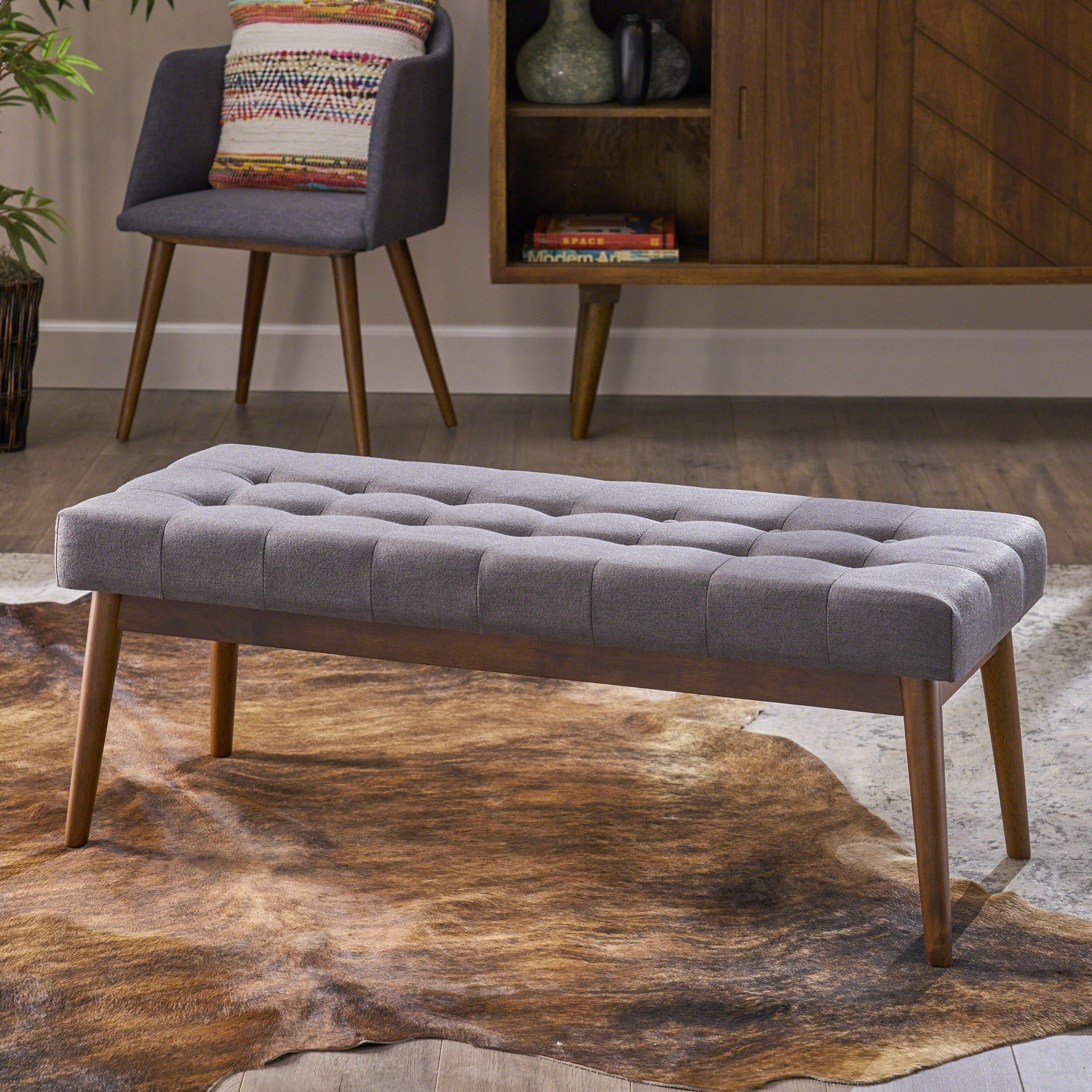 Mid-Century Ottoman for for Entryway Dining Room Living Room Bedroom End of Bed, Upholstered Fabric Design with Button-Tufted Detail