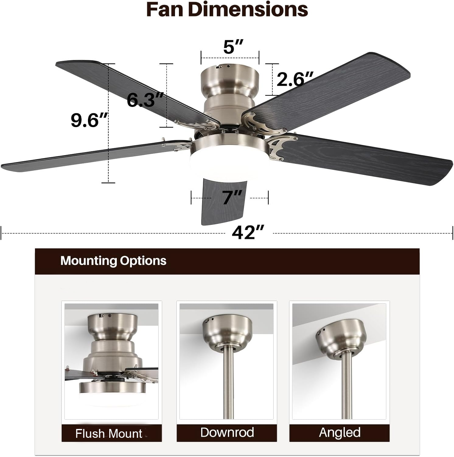 42 Inch Ceiling Fan 5 Blades Noiseless Reversible Dc Motor Remote Control With Led Light