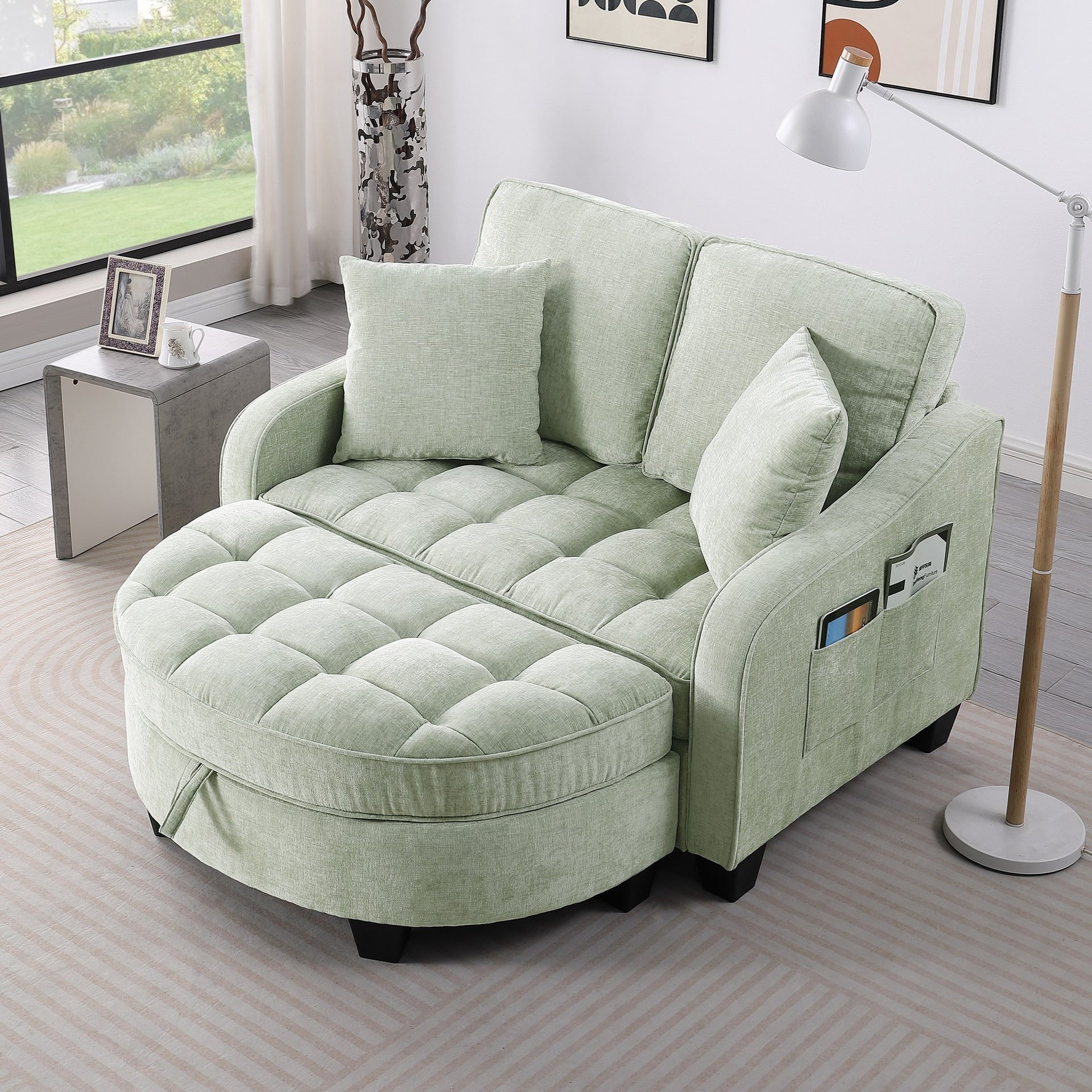 Two-seater sofa, double sofa chaise longue, with irregular armrests and backrests, footrest with storage space, comes with two small throw pillows, suitable for living room and bedroom - Cyan