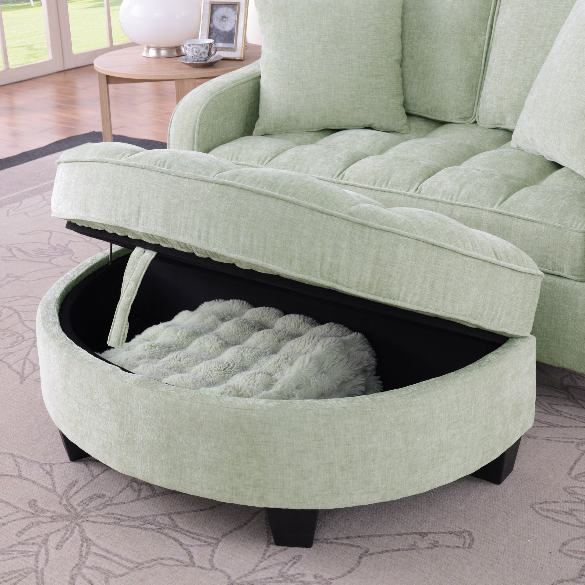 Two-seater sofa, double sofa chaise longue, with irregular armrests and backrests, footrest with storage space, comes with two small throw pillows, suitable for living room and bedroom - Cyan
