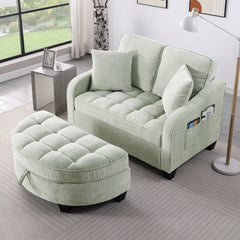 Two-seater sofa, double sofa chaise longue, with irregular armrests and backrests, footrest with storage space, comes with two small throw pillows, suitable for living room and bedroom - Cyan