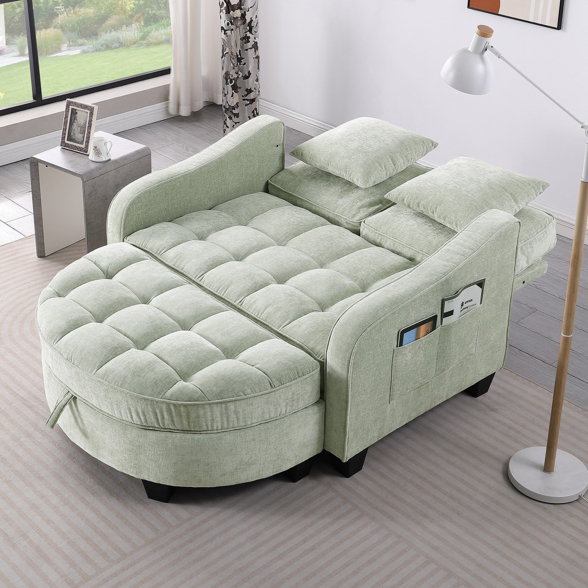 Two-seater sofa, double sofa chaise longue, with irregular armrests and backrests, footrest with storage space, comes with two small throw pillows, suitable for living room and bedroom - Cyan