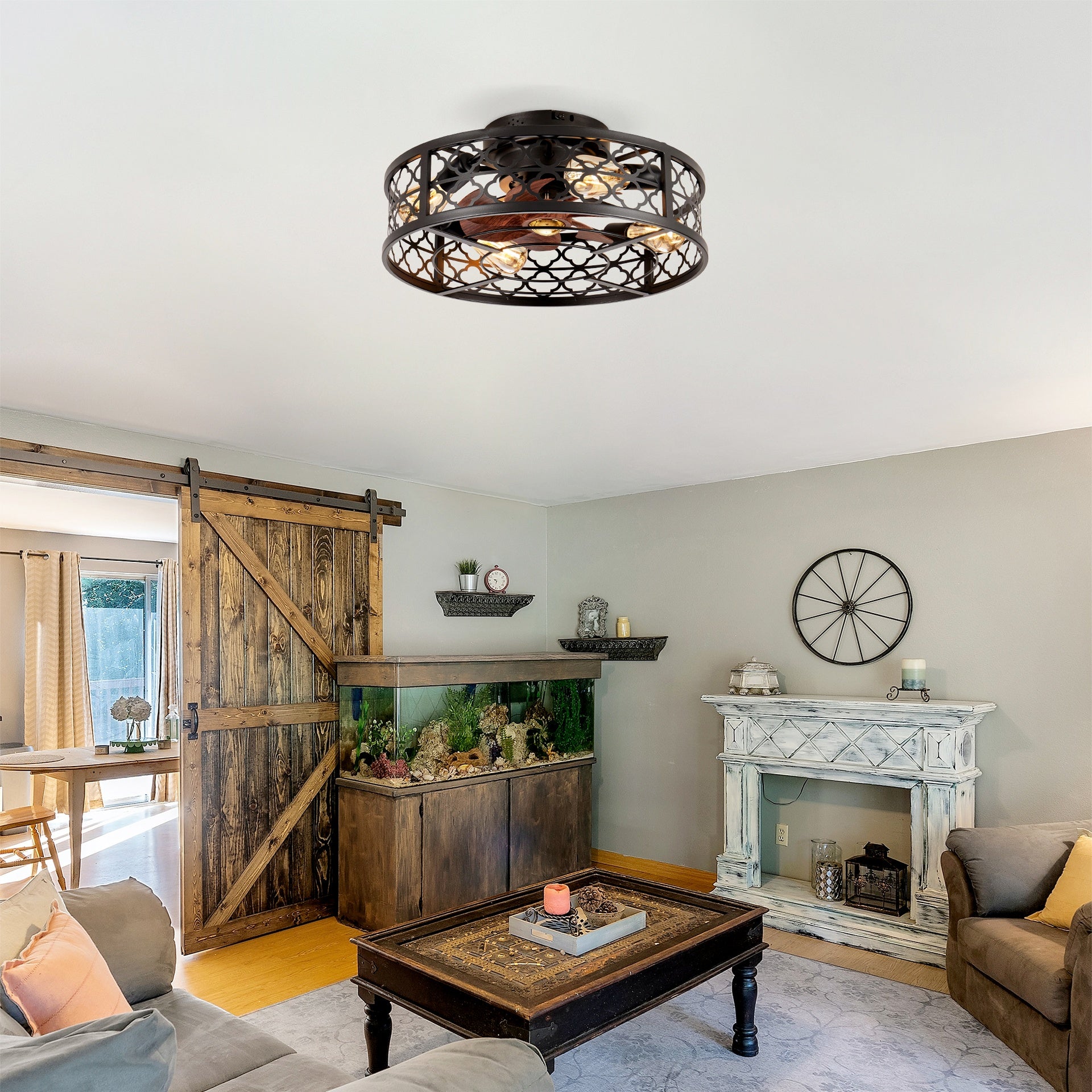 20" Flower Style Iron  Ceiling Fans With Remote Control, Bladeless Ceiling Fan 6 Speed Reversible with  Remote Control,Flush Mount Caged Ceiling Fan for Bedroom, Living Room--NOT Included Bulbs