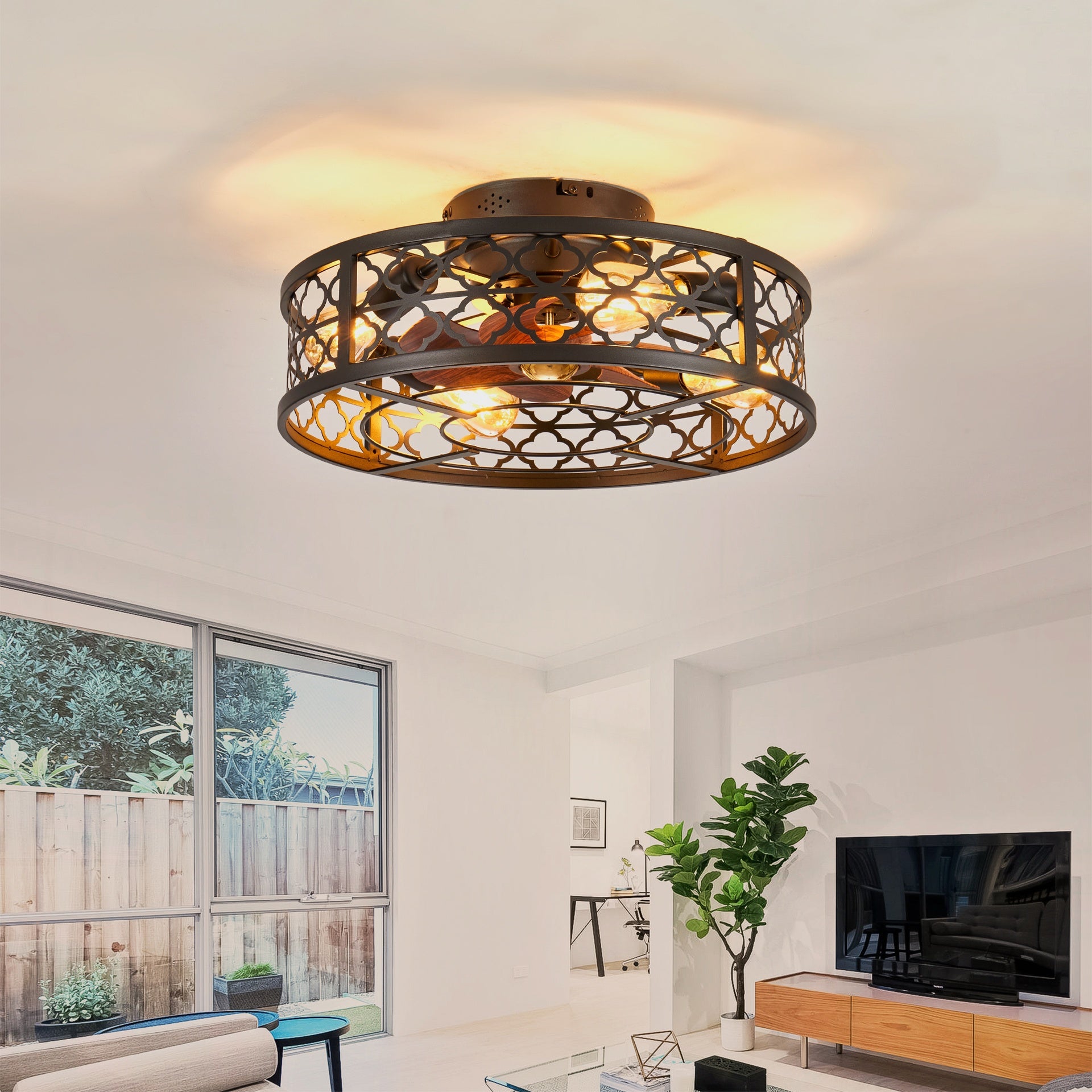 20" Flower Style Iron  Ceiling Fans With Remote Control, Bladeless Ceiling Fan 6 Speed Reversible with  Remote Control,Flush Mount Caged Ceiling Fan for Bedroom, Living Room--NOT Included Bulbs