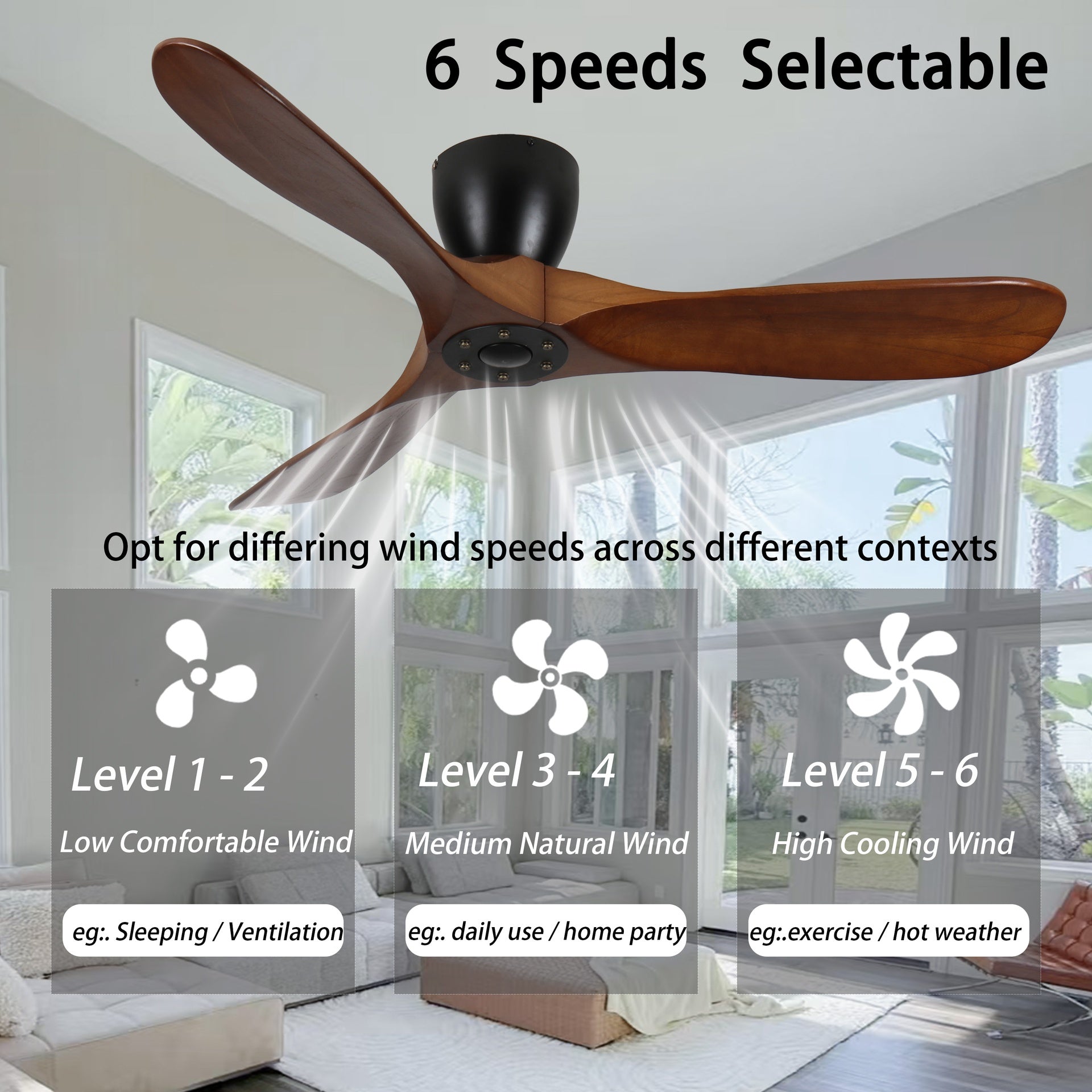 42-Inch Flush Mount Ceiling Fan Without Light, Solid Wood Blades, Reversible Quiet DC Motor, Remote Control with 6 Speeds & Timer, Energy Saving for Bedroom, Living Room,  No Sloped Ceiling